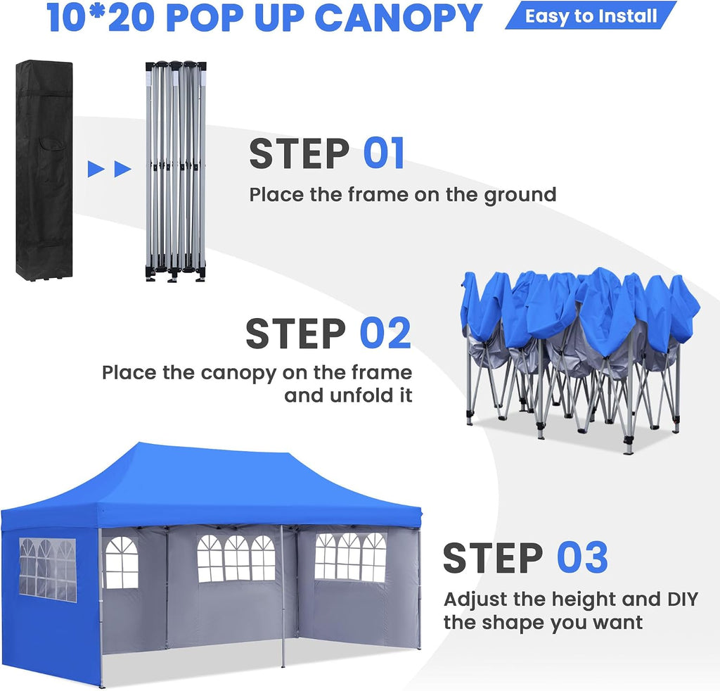 GDY 10'x20' Pop Up Canopy, Folding Party Tent with 4-Panel Removable Sidewalls, Heavy Duty Outdoor Commercial Instant Gazebo with Wheeled Bag, Blue.
