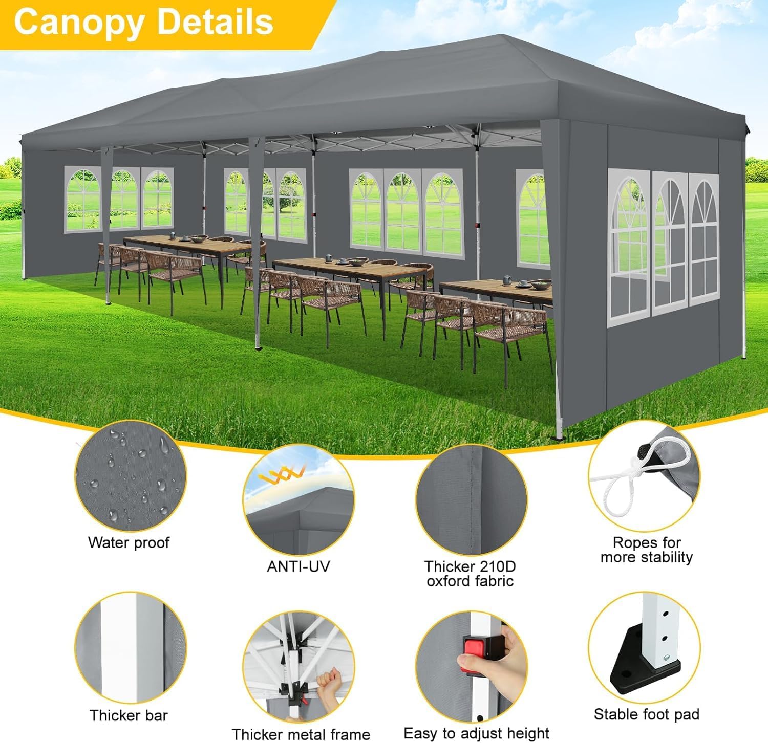 COBIZI 10x30 Pop Up Canopy with 8 Sidewalls for Parties Wedding Backyard, Waterproof Outdoor Commercial Event Shelter with Stakes, Ropes, Sandbags, Grey