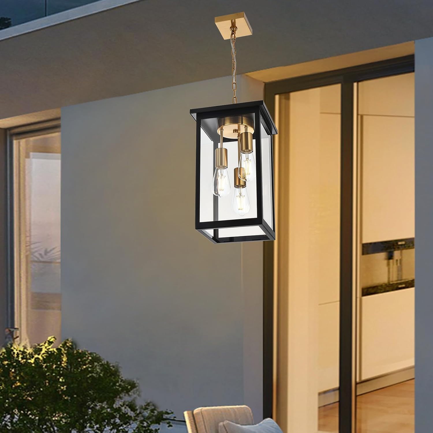 Yaohong Outdoor Pendant Lights for Porch, Modern 3-Lights Exterior Hanging Lights, Exterior Hanging Lantern with Clear Glass and Height Adjustable, Large Outdoor Ceiling Lights for Patio Front Foyer