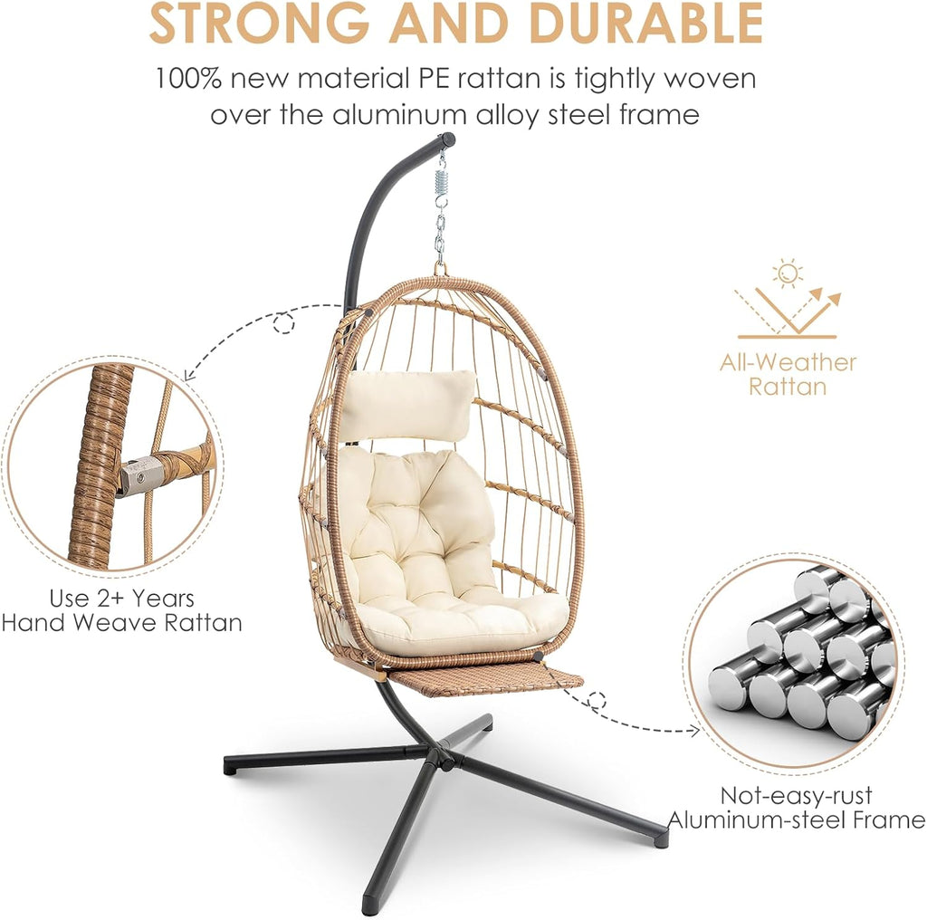 Brafab Hanging Egg Chair with Stand and Footrest, Wicker Egg Swing Chair Indoor Outdoor Aluminum-Steel Frame and UV Resistant Cushion, Patio Lounge Hammock Chairs for Bedroom 370LBS Capacity, Begie