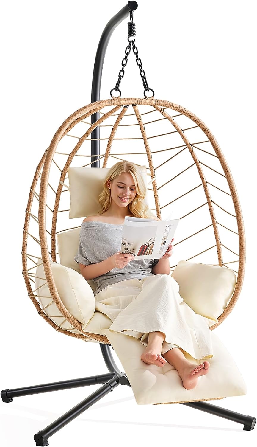 ONBRILL Hanging Egg Chair with Adjustable Footrest & Stand, Wicker Rattan Swing Hammock Chair with Cushion & Double Chains, 350LBS Capacity for Outdoor & Indoor Patio, Deck, Bedroom, Balcony (YE-BE)