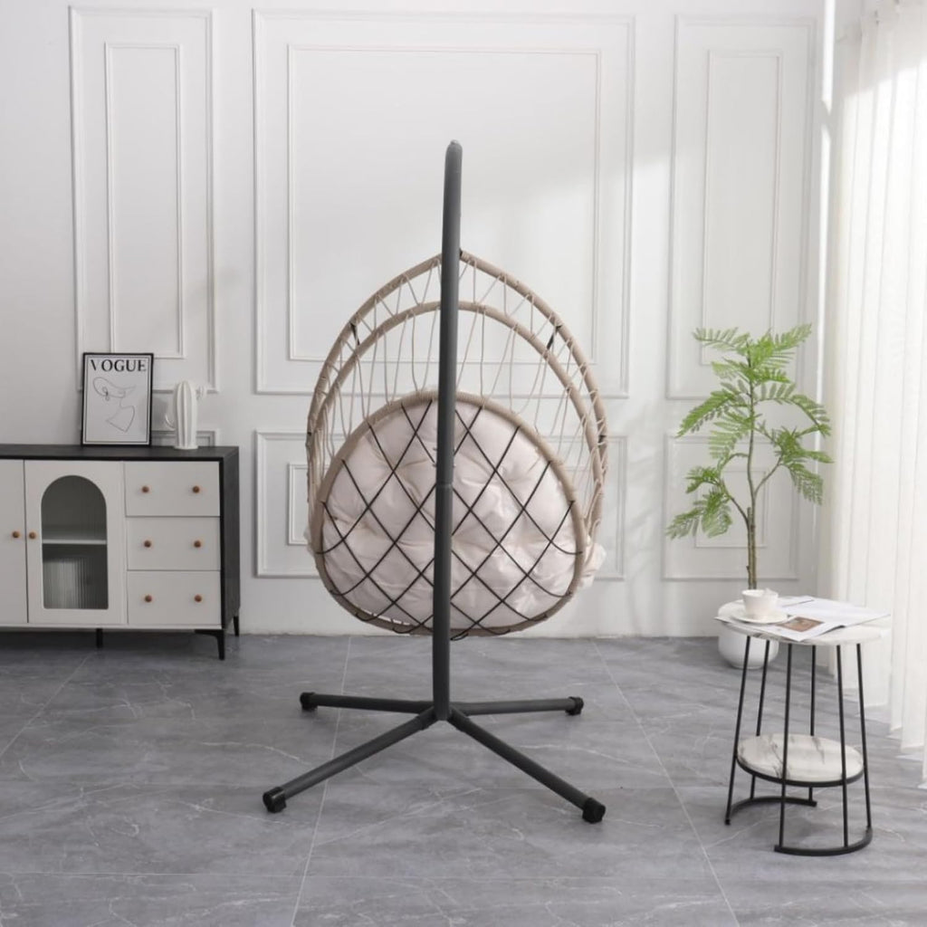 KEIKI Hanging Egg Chair with Stand - Beige Wicker Hammock Swing Chair for Indoor & Outdoor, 350LBS Capacity, Includes Cushion - Patio, Balcony, Bedroom, Garden Lounge Chair
