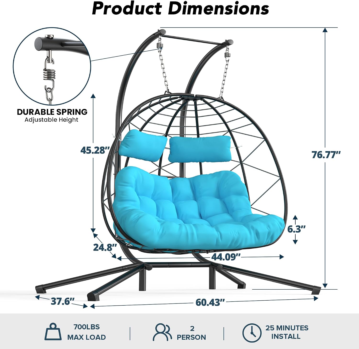 Easyego Set of 2 Wicker Hanging Egg Chairs with Stand, 700 lb Capacity, Indoor/Outdoor Double Egg Swing Hammock Chairs for Patio, Garden, Porch, Living Room, Bedroom, Blue