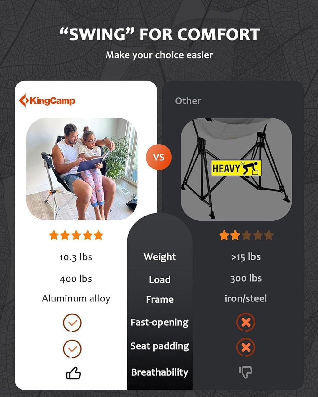 KingCamp Hammock Camping Chair, Swinging Portable Camp Chairs for Adults, 400lbs Heavy Duty Oversized Folding Rocking Chair with Adjustable Recline, Aluminum Alloy Frame for Outdoor Patio Beach Sport
