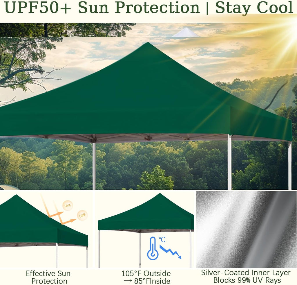 Easy 10x10 Pop Up Canopy Tent with Peak Tensioner, Heavy Duty for Commercial Use, Industry-Leading 3000mm Waterproof, 500D Silver Coated Top, Wheeled Bag, 4 Sandbags, Stakes & Ropes, Forest Green