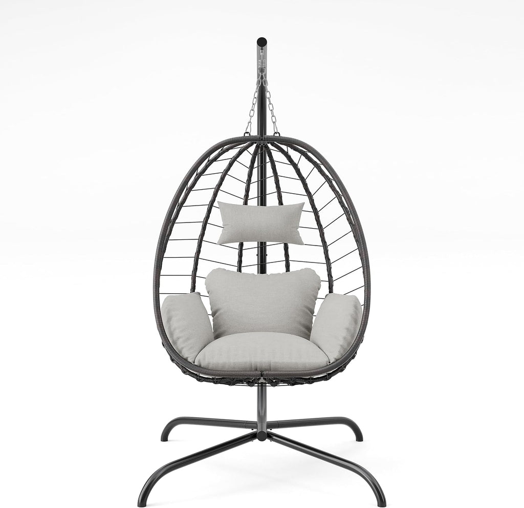 Outdoor Hanging Egg Chair with Stand,Patio Wicker Swing Egg Chair Hammock Chair with UV Resistant Cushion,All-Weather 485lbs Capacity for Bedroom,Balcony,Garden,Beige