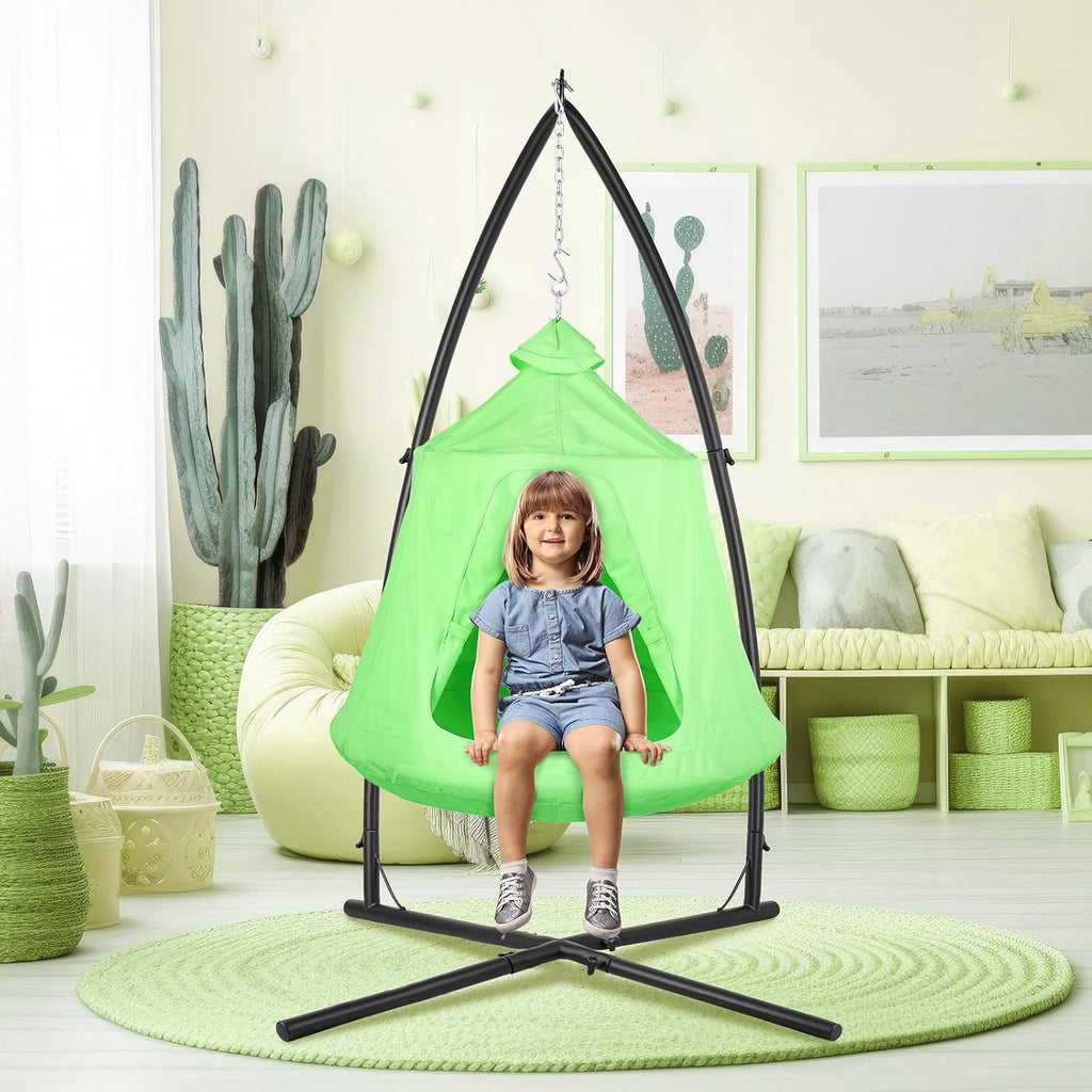 Arlopu Hanging Hammock X-Stand w/Tree Tent, Indoor Metal Swing Chair Stand w/Play Tent, Outdoor Egg Basket Patio Seat w/Support Stand, Porch Bedroom Balcony Chair w/Adjustable Solid Stand (Green)