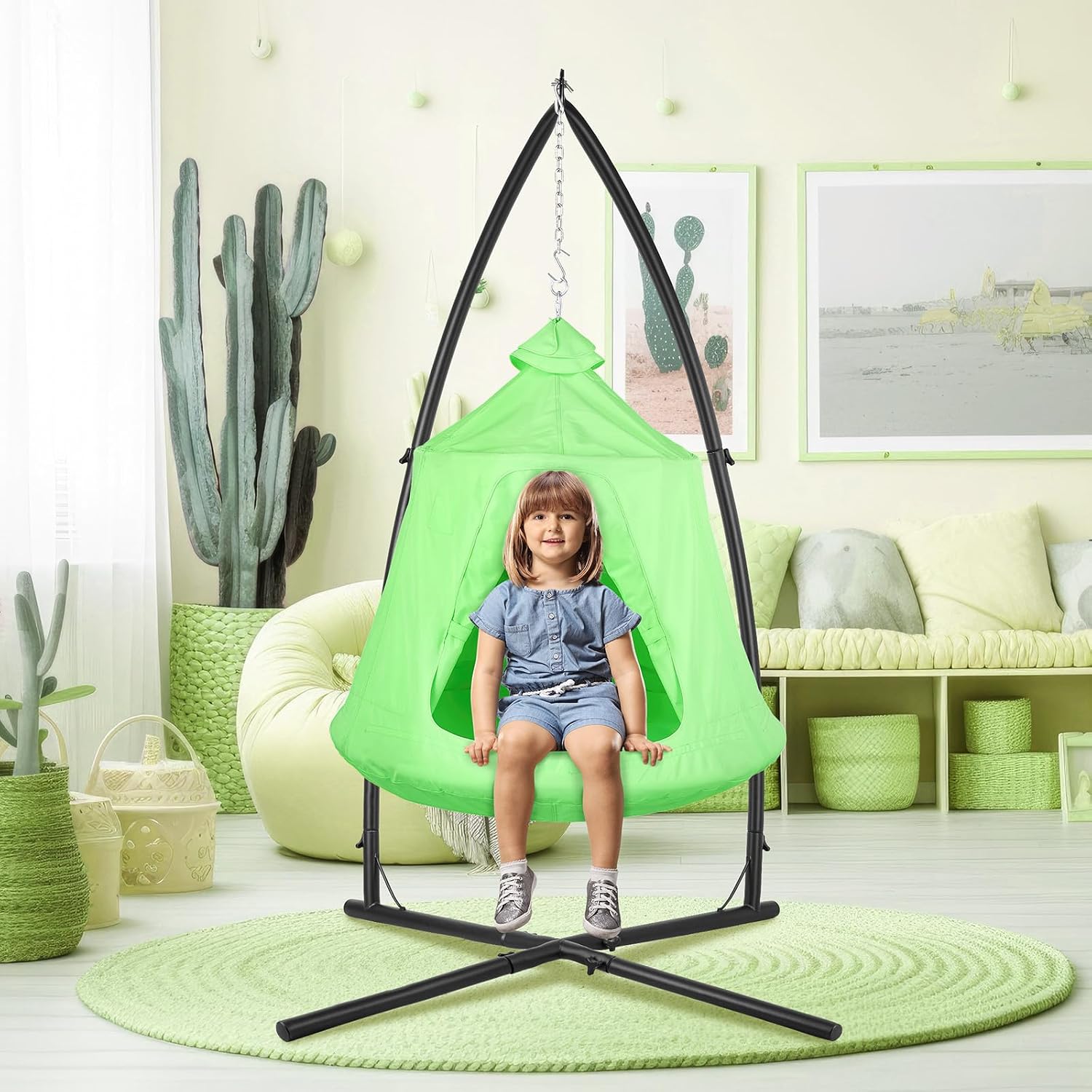 Arlopu Hanging Hammock X-Stand w/Tree Tent, Indoor Metal Swing Chair Stand w/Play Tent, Outdoor Egg Basket Patio Seat w/Support Stand, Porch Bedroom Balcony Chair w/Adjustable Solid Stand (Green)
