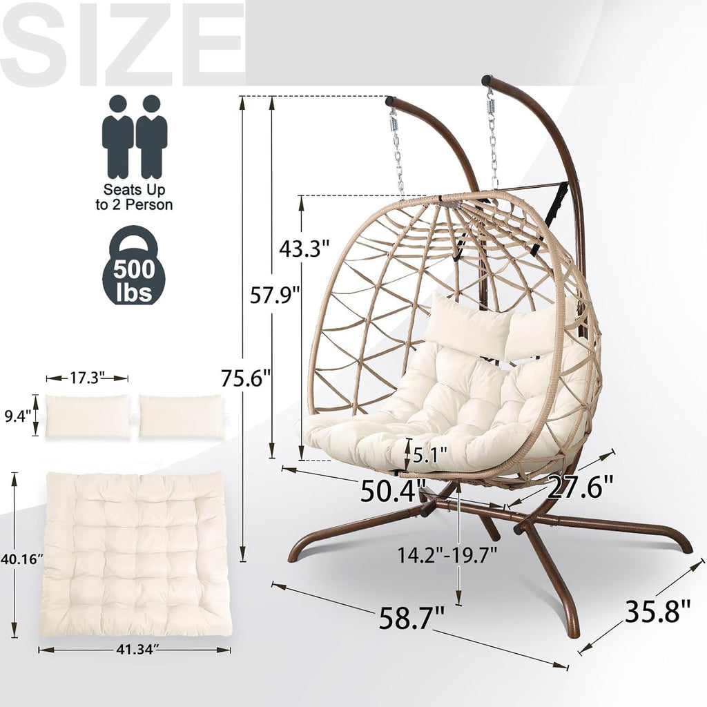 NOBLEMOOD Outdoor Egg Swing Chair with Stand, 2 Person Patio Swing Chairs with Thick Cushions and Pillows, Wicker Double Egg Chair Swing for Indoor Bedroom