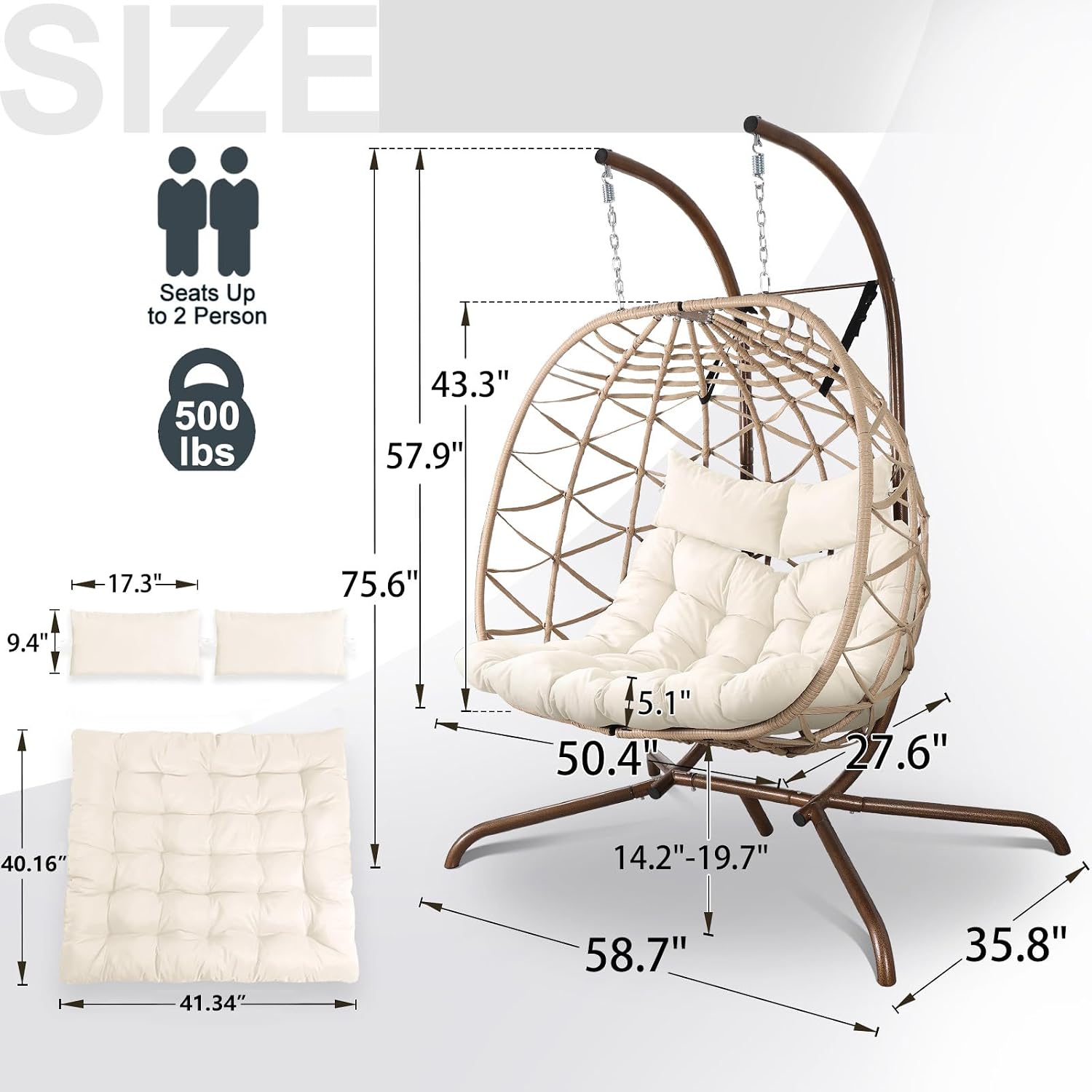 NOBLEMOOD Outdoor Egg Swing Chair with Stand, 2 Person Patio Swing Chairs with Thick Cushions and Pillows, Wicker Double Egg Chair Swing for Indoor Bedroom