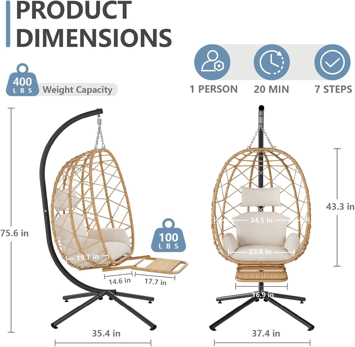 SWITTE Hanging Egg Chair with Stand & Footrest, Outdoor Indoor Rattan Wicker Swing Chair, Comfy Patio Egg Hammock Chairs with Cushion for Garden Backyard Balcony Bedroom, Natural