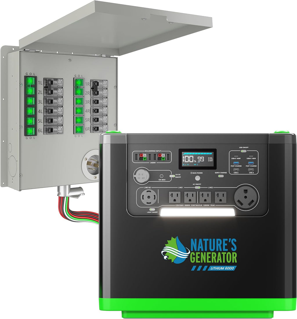 Natures Generator 3840Wh Solar Generator + 12 Circuit 30A Transfer Swtich, Lithium Batteries, 6000W Power Station for Home Backup, RVs, Emergencies, Power Outages, and Outdoor Camping
