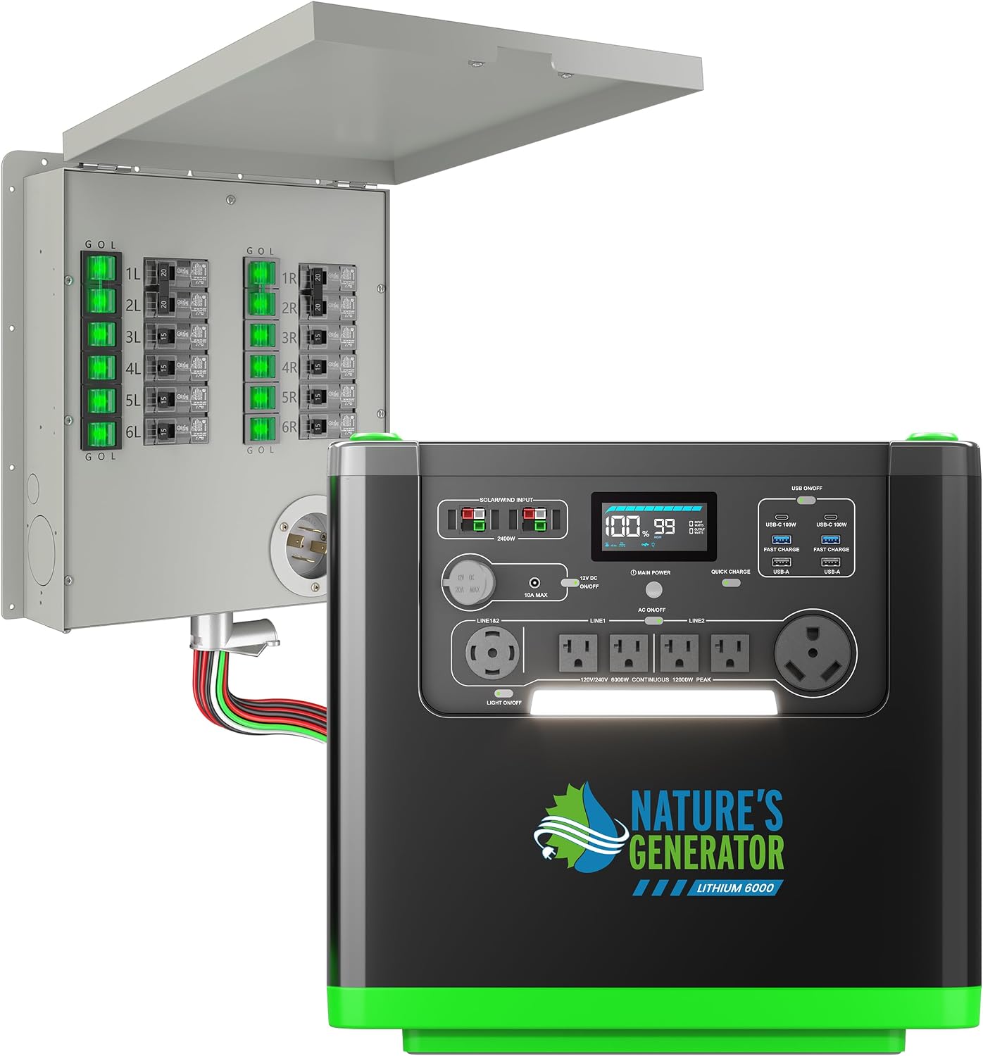 Natures Generator 3840Wh Solar Generator + 12 Circuit 30A Transfer Swtich, Lithium Batteries, 6000W Power Station for Home Backup, RVs, Emergencies, Power Outages, and Outdoor Camping