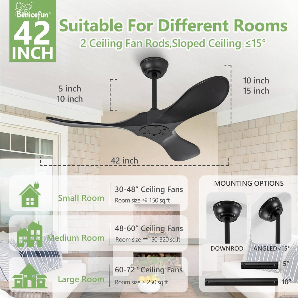 42 Inch Black Solid Wood Ceiling Fan without Light,Propeller Outdoor Ceiling Fans Without Lights with Wall Switch and Remote Control,Quiet DC Motor,3 Blades Ceiling Fan for Patios