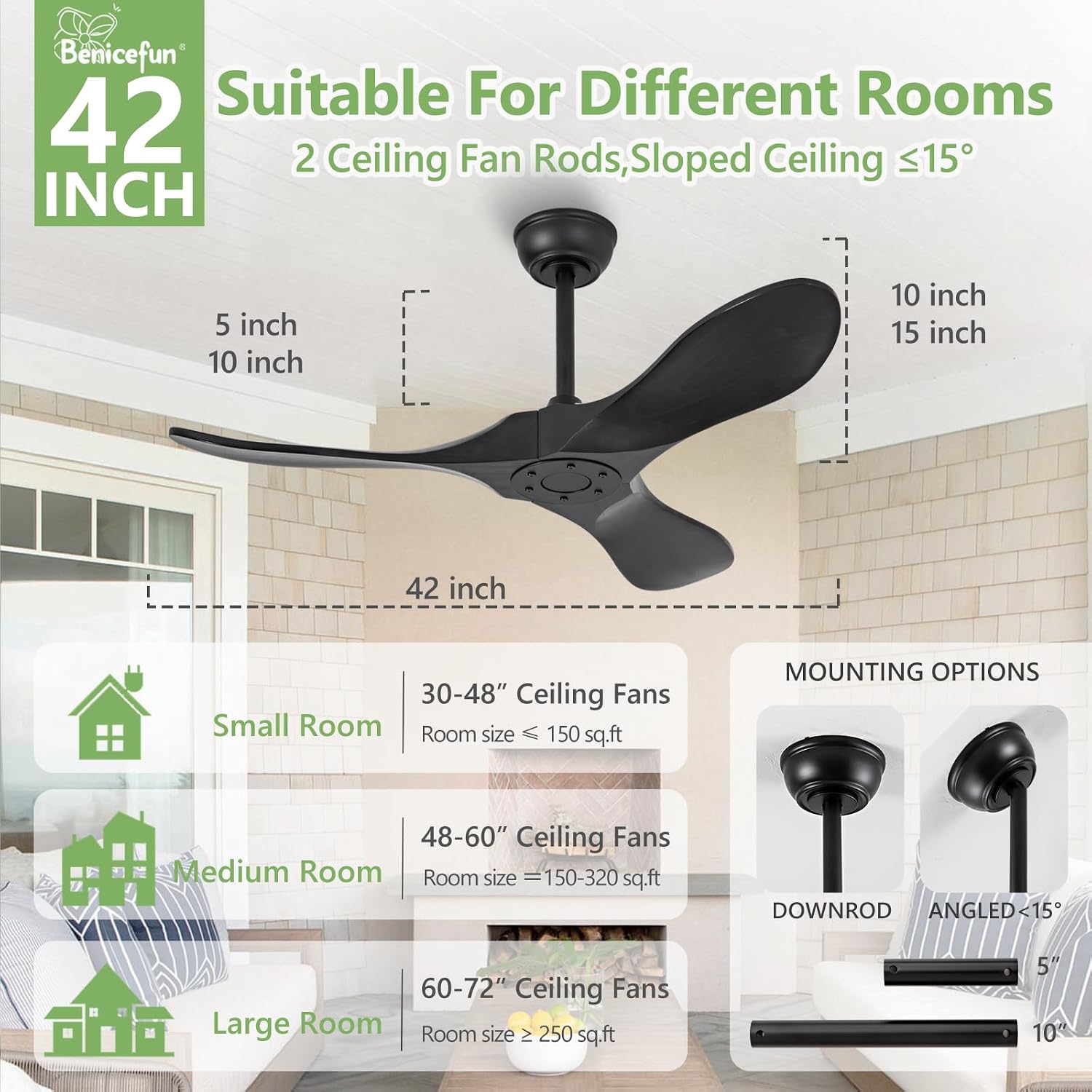 42 Inch Black Solid Wood Ceiling Fan without Light,Propeller Outdoor Ceiling Fans Without Lights with Wall Switch and Remote Control,Quiet DC Motor,3 Blades Ceiling Fan for Patios