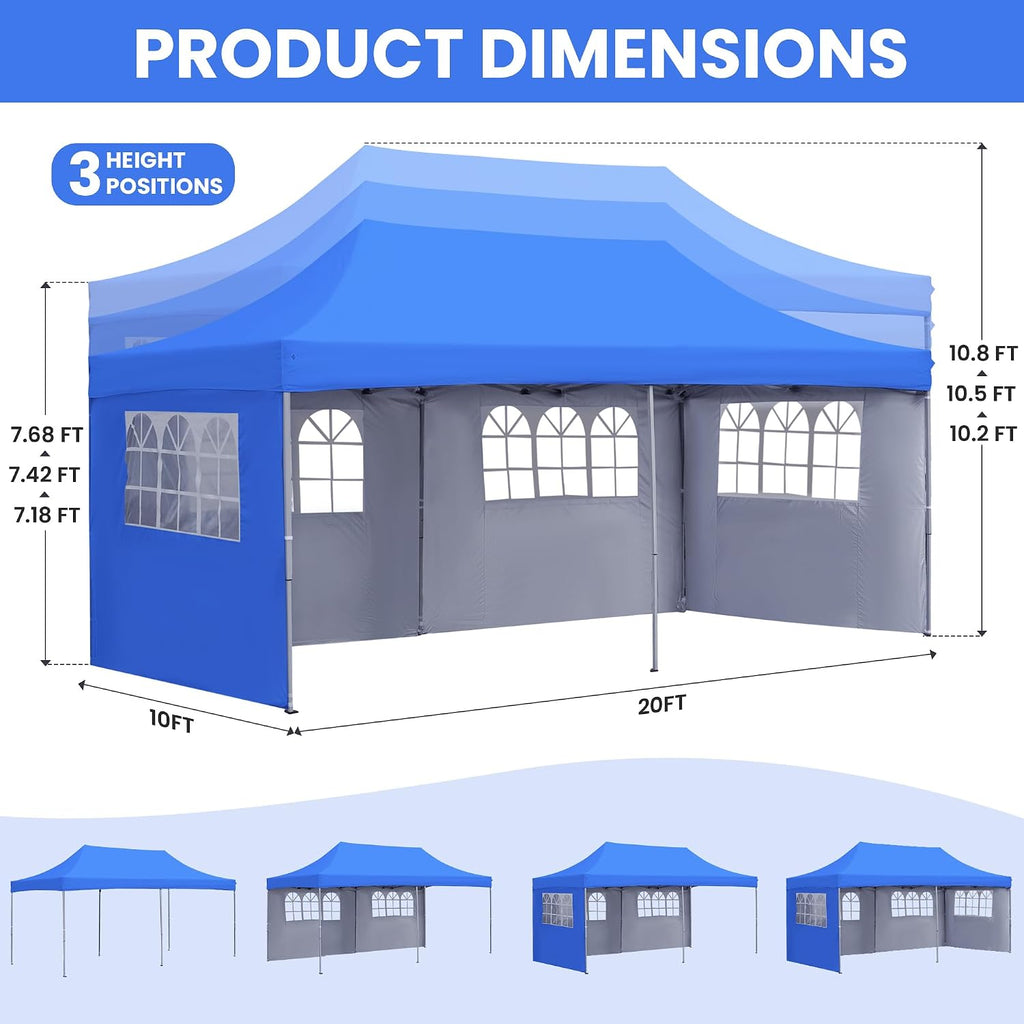 GDY 10'x20' Pop Up Canopy, Folding Party Tent with 4-Panel Removable Sidewalls, Heavy Duty Outdoor Commercial Instant Gazebo with Wheeled Bag, Blue.