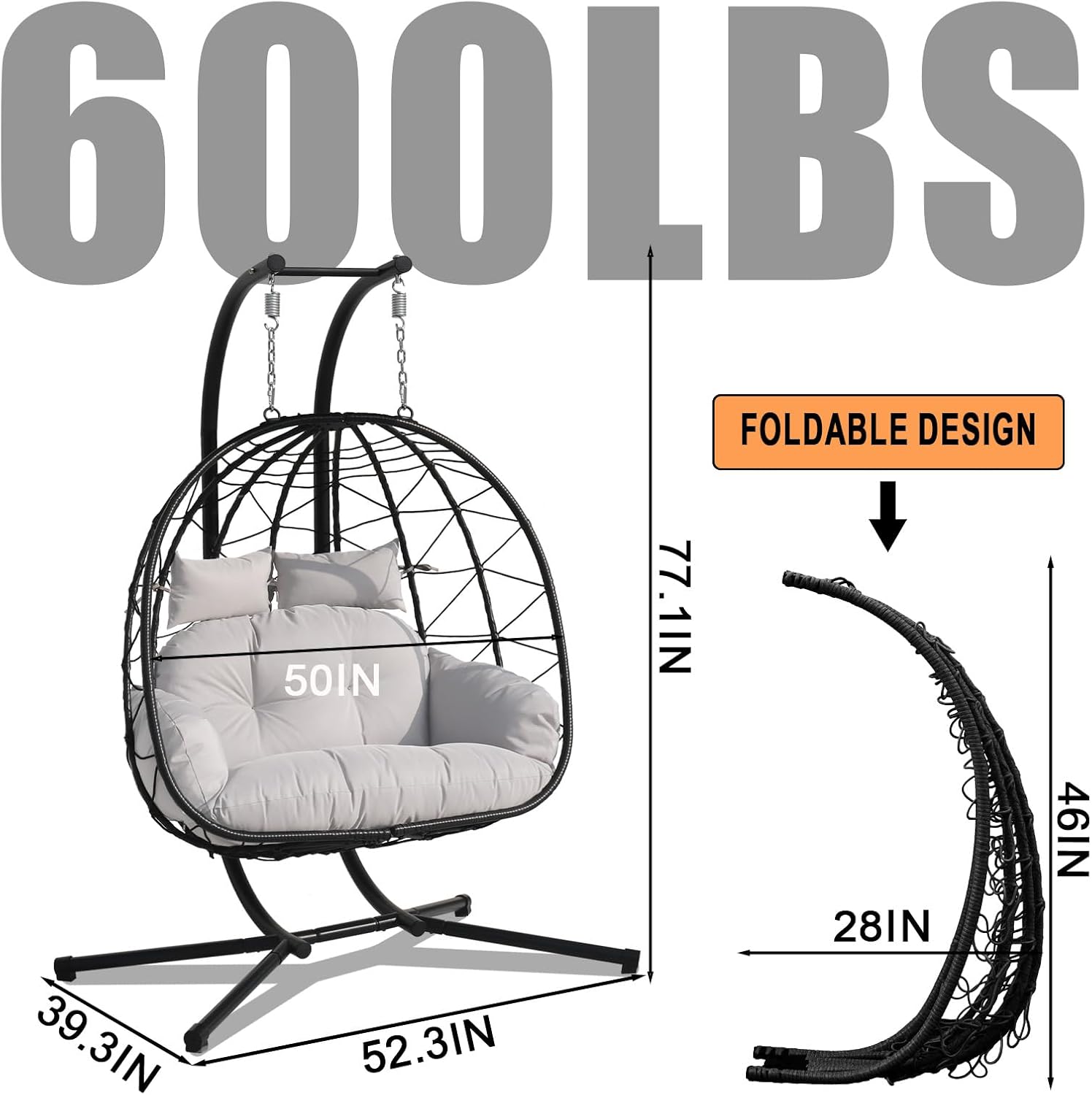 Double Egg Chair Outdoor, 2 Person Hanging Egg Chair with Stand, Patio Wicker Egg Swing Chair for Garden, Backyard, Balcony, 600Lbs Heavy Duty(BL-GR)