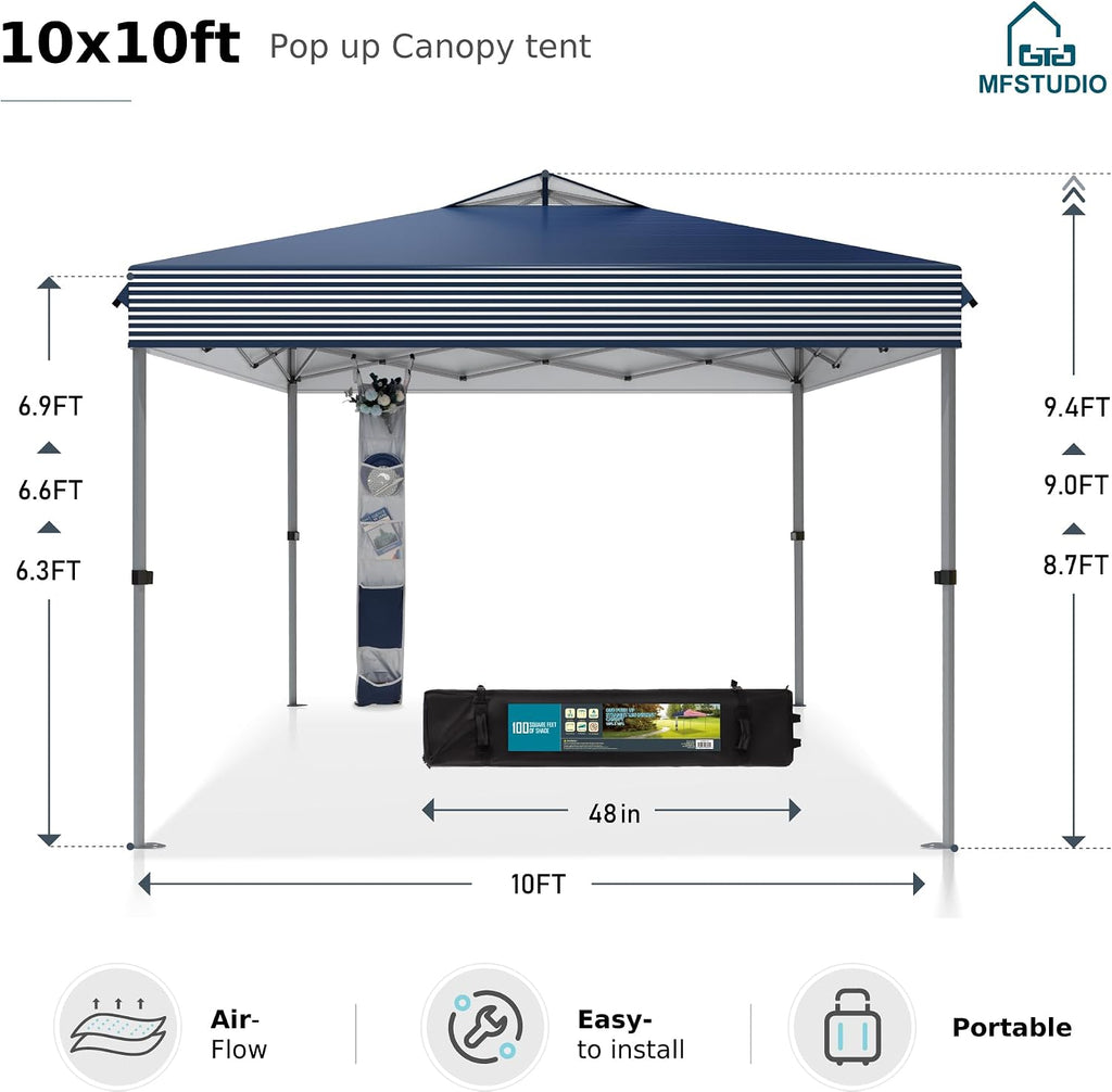 MFSTUDIO 10x10 Pop up Canopy Tent, Gazebo Shelter Sun Shade Canopies One Push Setup Portable Popup Easy Set up Tents with Vented Top,Storage,4 Sandbags,for Beach,Parties,Camping