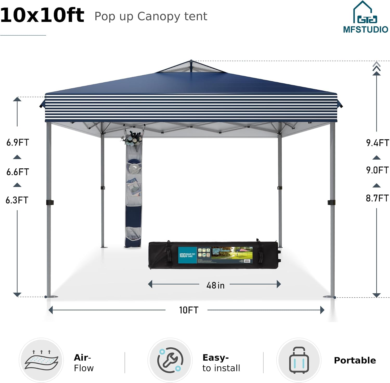 MFSTUDIO 10x10 Pop up Canopy Tent, Gazebo Shelter Sun Shade Canopies One Push Setup Portable Popup Easy Set up Tents with Vented Top,Storage,4 Sandbags,for Beach,Parties,Camping