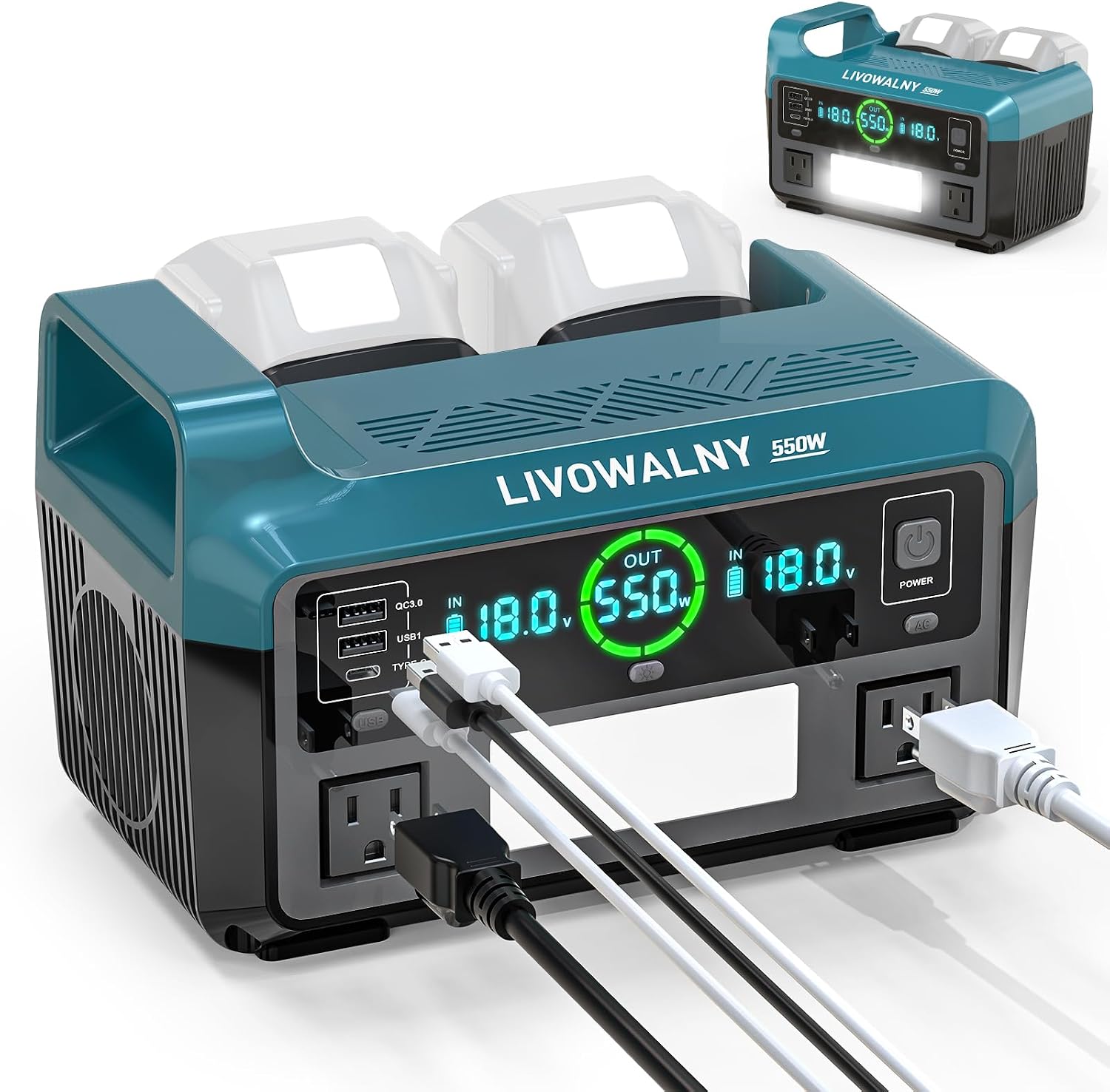 LIVOWALNY 550W Power Inverter Compatible with Makita 18V Battery, DC 18V to AC 110-120V Pure Sine Wave Power Station with 2 AC Outlets, 2 USB-A & 1 Type-C, for Camping Power Outage (No Battery)
