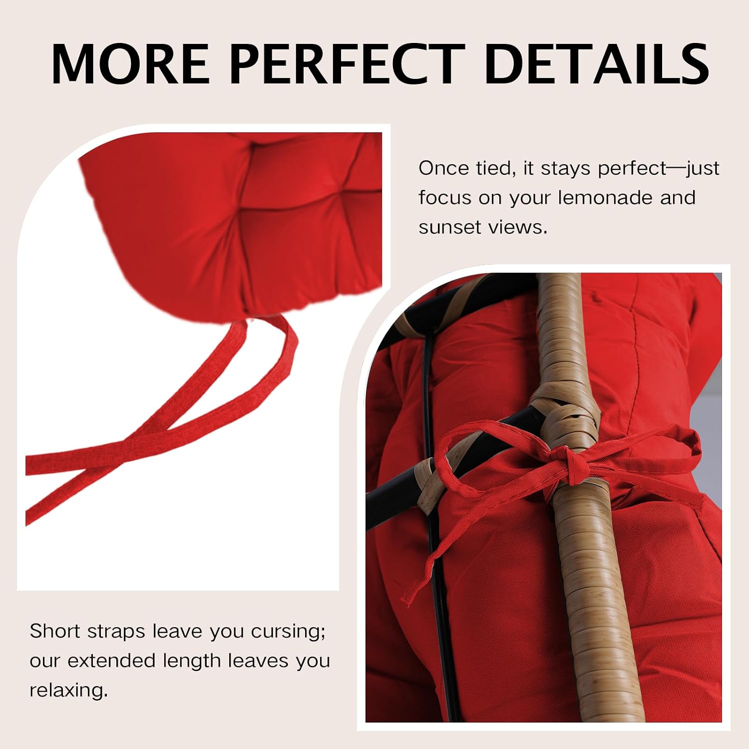Thickened Waterproof Papasan Rocking Chair Cushion – 6.3'' Patio Egg Chair Pad with Ties, Outdoor/Indoor Rattan Hammock Chair Cushion for Porch, Garden, Balcony (Only Cushion) (Red)