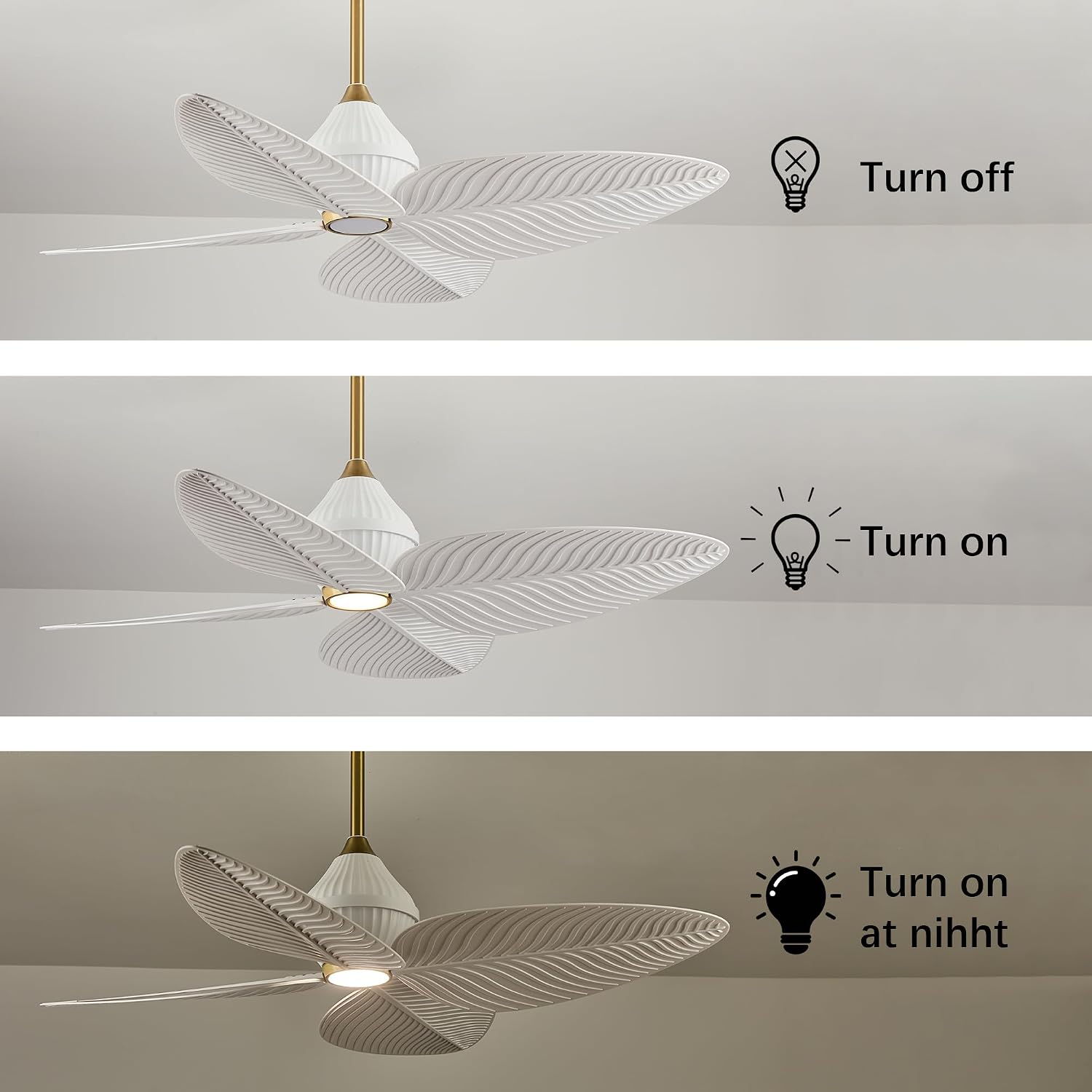 52' Tropical Ceiling Fans with Lights, Indoor Palm Leaf Ceiling Fan with Light and Remote for Living Room Bedroom, ABS Blades, Dimmable LED Lights, 6 Speeds, Adjustable Height-White Gold