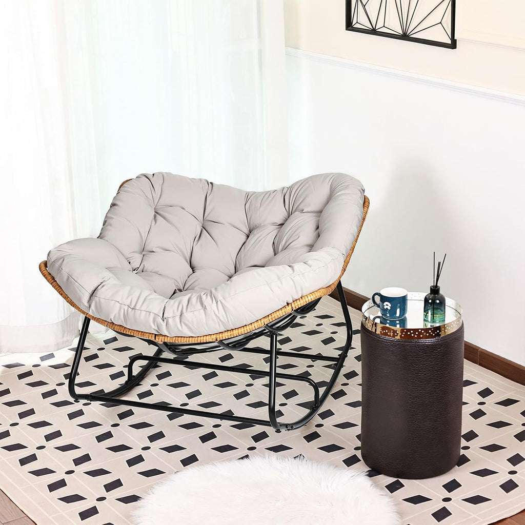 Outdoor Egg Rocking Chair, Indoor Papasan Rocking Chair with Thick Cushion, Modern Lounge Rocker for Balcony, Living Room, Bedroom, Porch, Lawn, Garden (Light Gray)