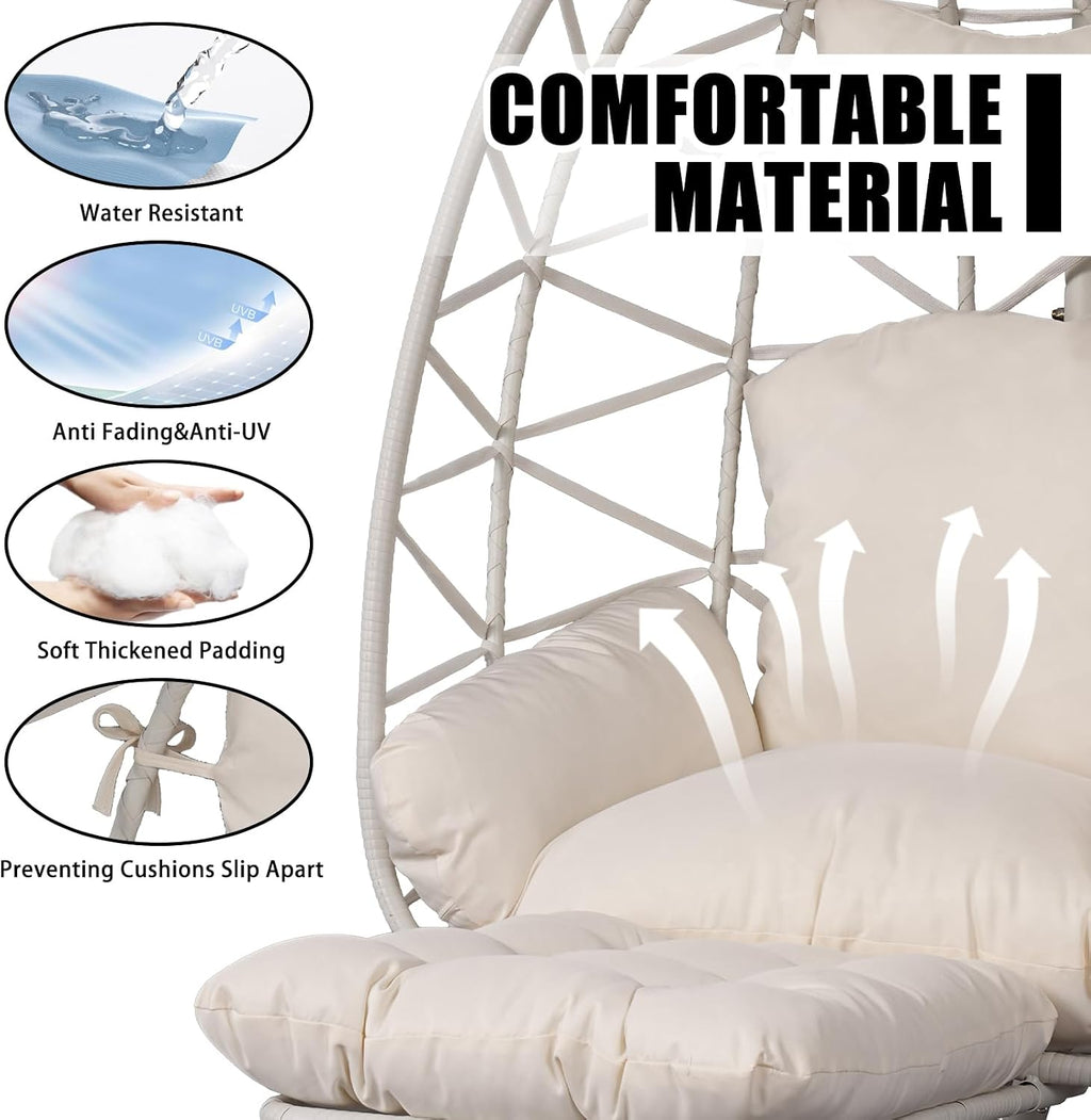 Hanging Egg Chair with Stand & Leg Rest,Rattan Wicker Swing Chair with Cushion,Patio Basket Hanging Chair Wicker Hammock Chair for Indoor Outdoor Bedroom Garden,300LBS (White Rattan&White Cushion)