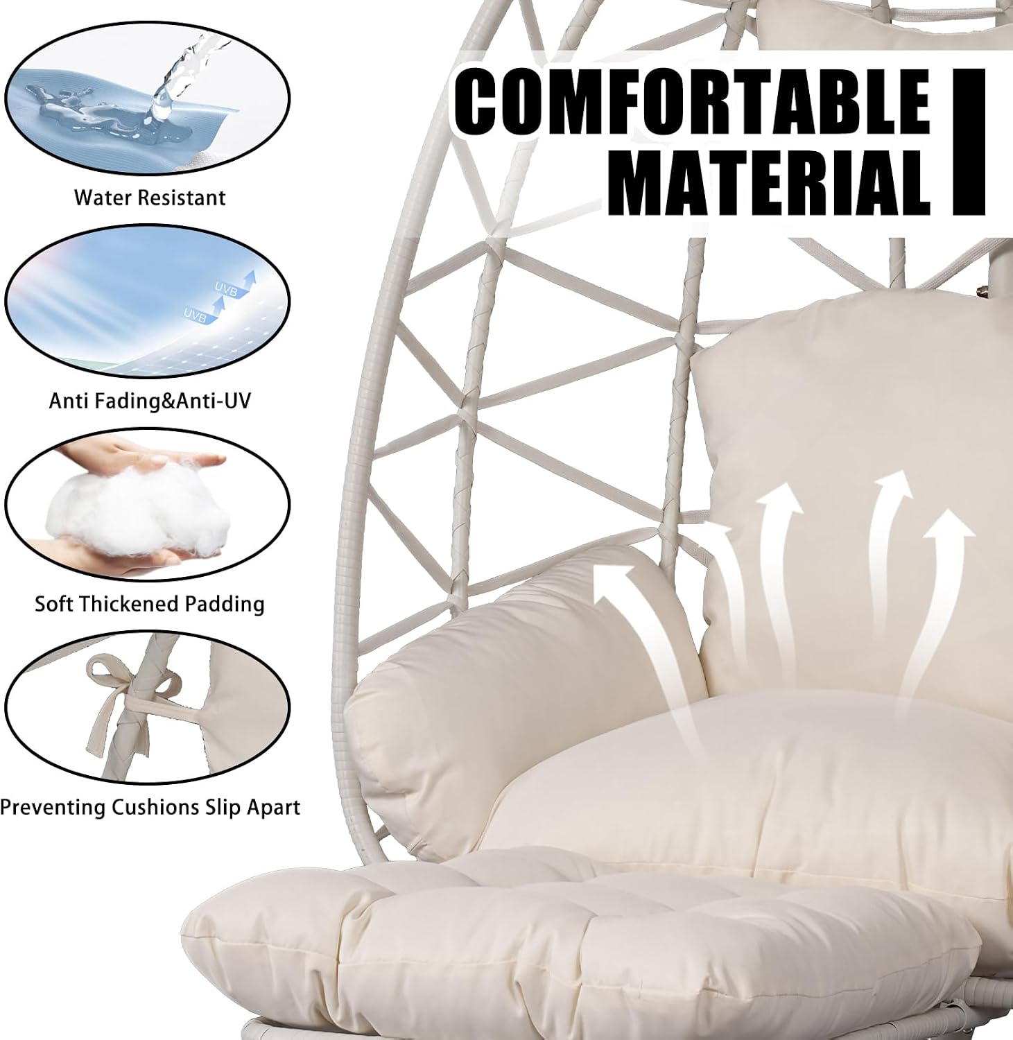 Hanging Egg Chair with Stand & Leg Rest,Rattan Wicker Swing Chair with Cushion,Patio Basket Hanging Chair Wicker Hammock Chair for Indoor Outdoor Bedroom Garden,300LBS (White Rattan&White Cushion)