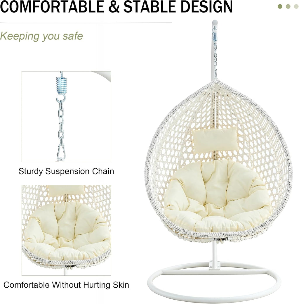 Egg Swing Chair Outdoor Indoor, Hanging Egg Chair with Stand, White Wicker Swing Chair,UV Resistant Cushion 300 LBS Capacity for Porch,Patio,Garden, Bedroom, Balcony,Yard