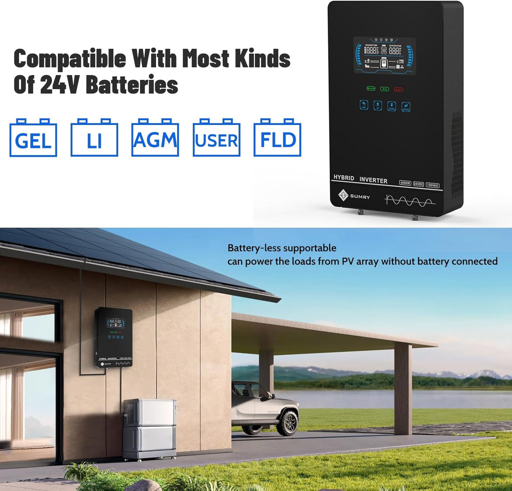 SUMRY Hybrid Solar Inverter, 4000W DC 24V to AC 120V Pure Sine Wave Power Converter, Glass Top Cover with LCD Display, 140A MPPT Charge Controller, Supports Battery-Less or AGM Lithium Battery