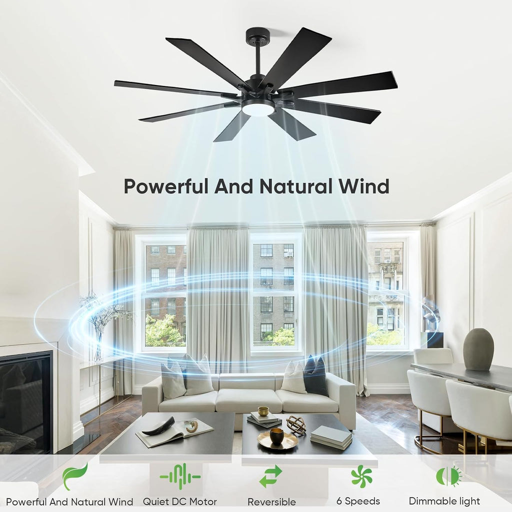 62 Inch Outdoor Ceiling Fan with Light for Patios, Black Ceiling Fan with Light, Large Damp Rated Industrial Fan with 8 Blades, Large Airflow Indoor Exterior Fans for Patios Porch Garage Office