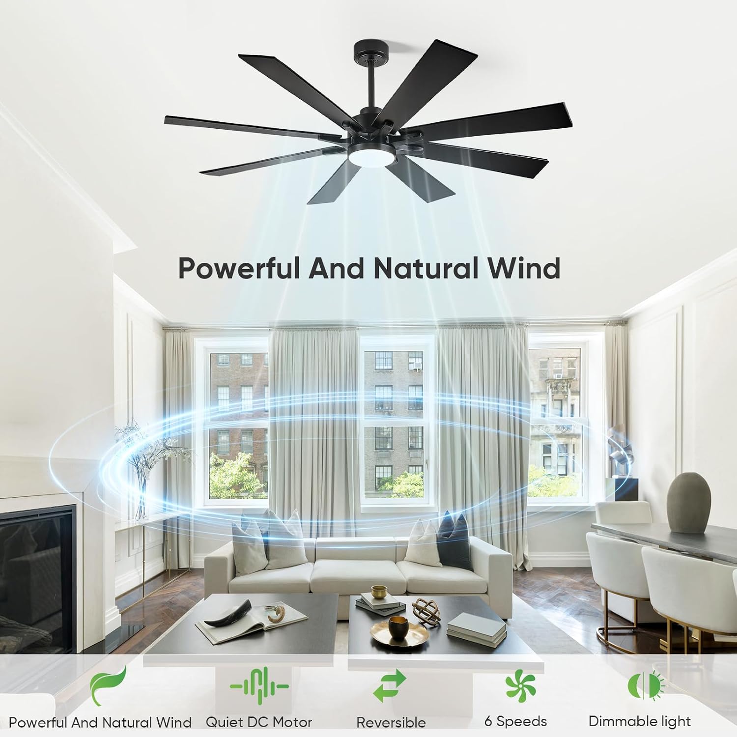62 Inch Outdoor Ceiling Fan with Light for Patios, Black Ceiling Fan with Light, Large Damp Rated Industrial Fan with 8 Blades, Large Airflow Indoor Exterior Fans for Patios Porch Garage Office