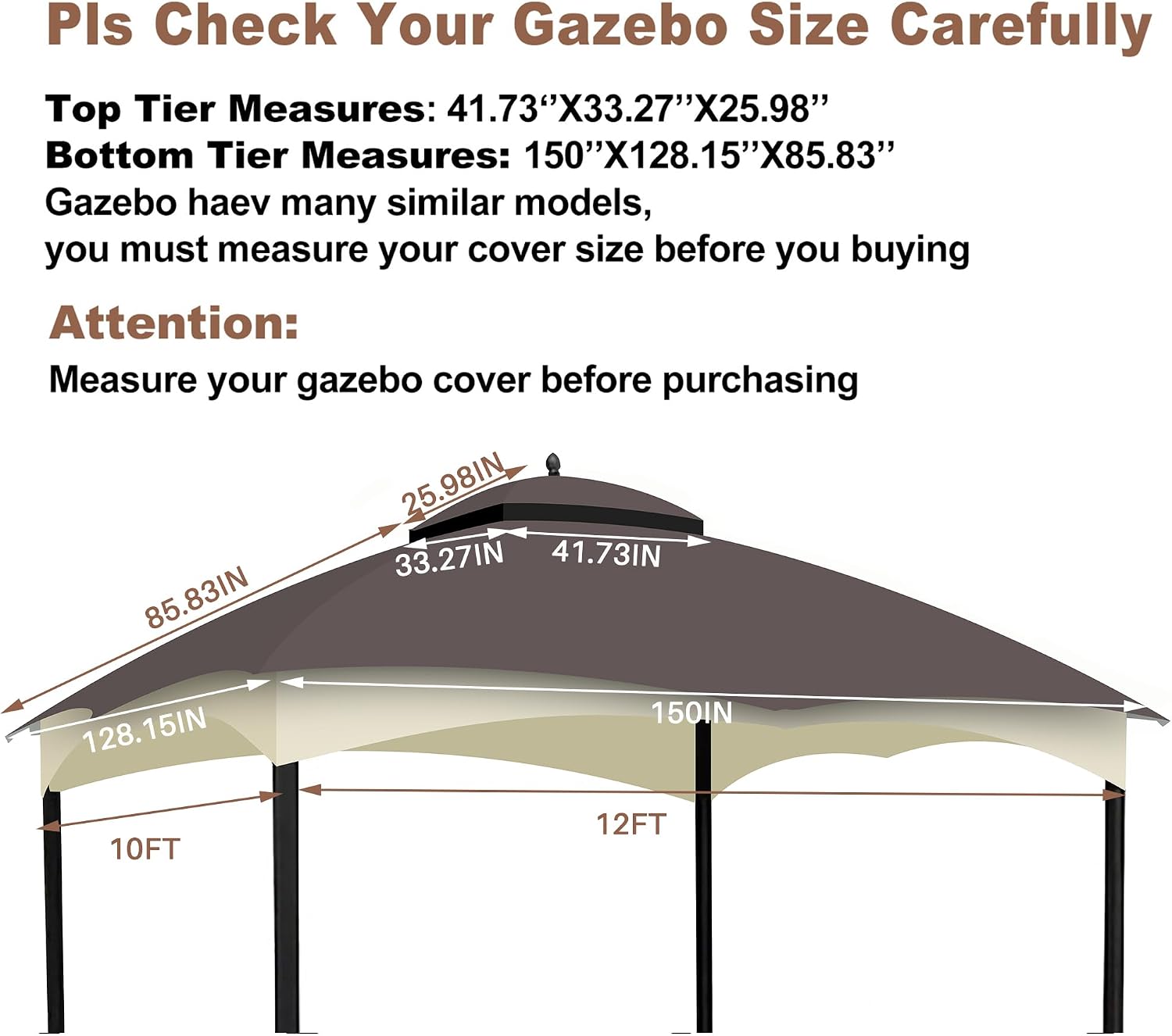 10x12 Ft Outdoor Patio Gazebo Replacement Canopy for Lowe's Allen Roth 10x12 Gazebo #GF-12S004B-1, Double Tiered Roof Top Cover, UV Protection & Waterproof Fabric, Brown (Frame Not Included)