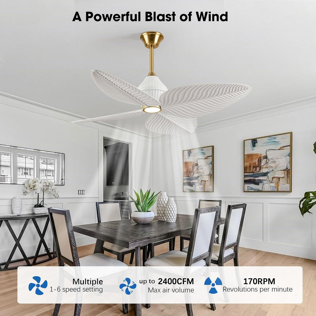 52' Tropical Ceiling Fans with Lights, Indoor Palm Leaf Ceiling Fan with Light and Remote for Living Room Bedroom, ABS Blades, Dimmable LED Lights, 6 Speeds, Adjustable Height-White Gold