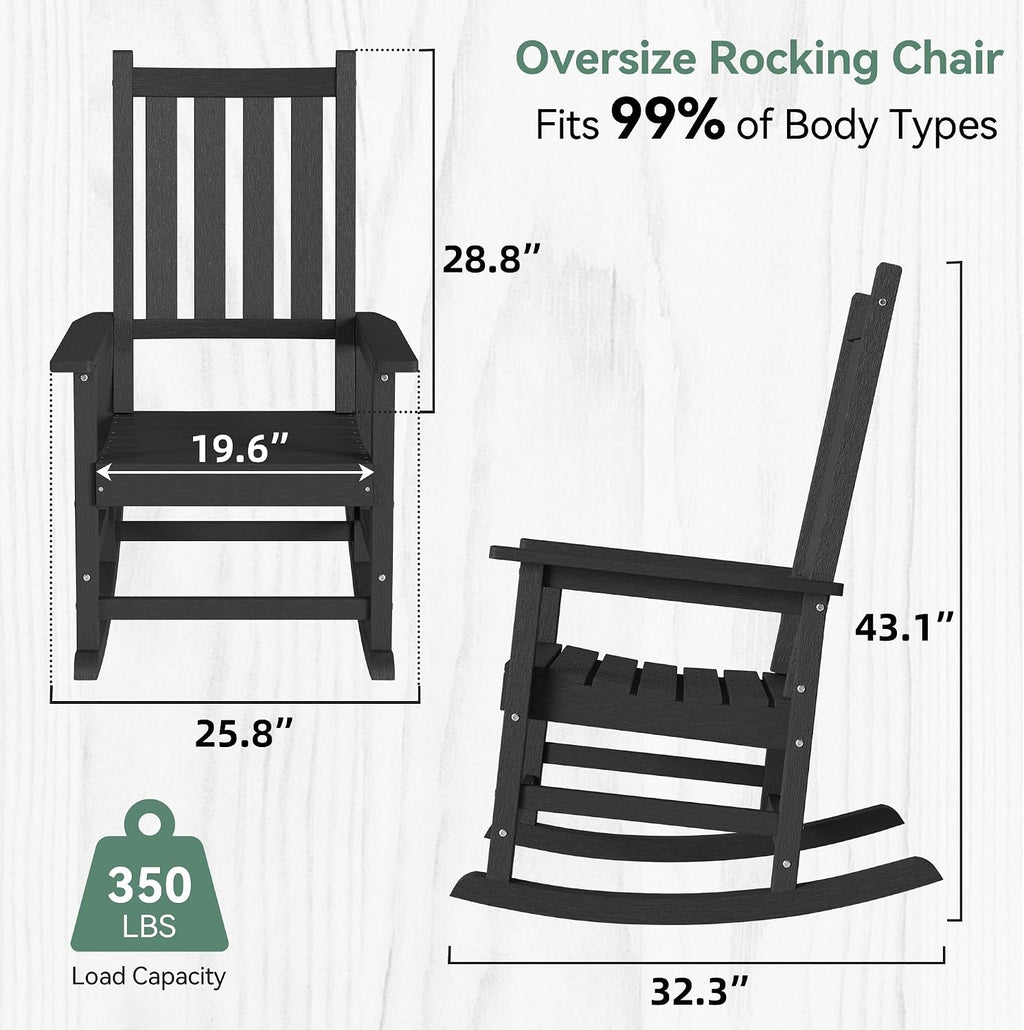 HDPE Outdoor Rocking Chair Set of 2, Oversized Rocking Chairs with Widened Seats & High Backs (2, Black)