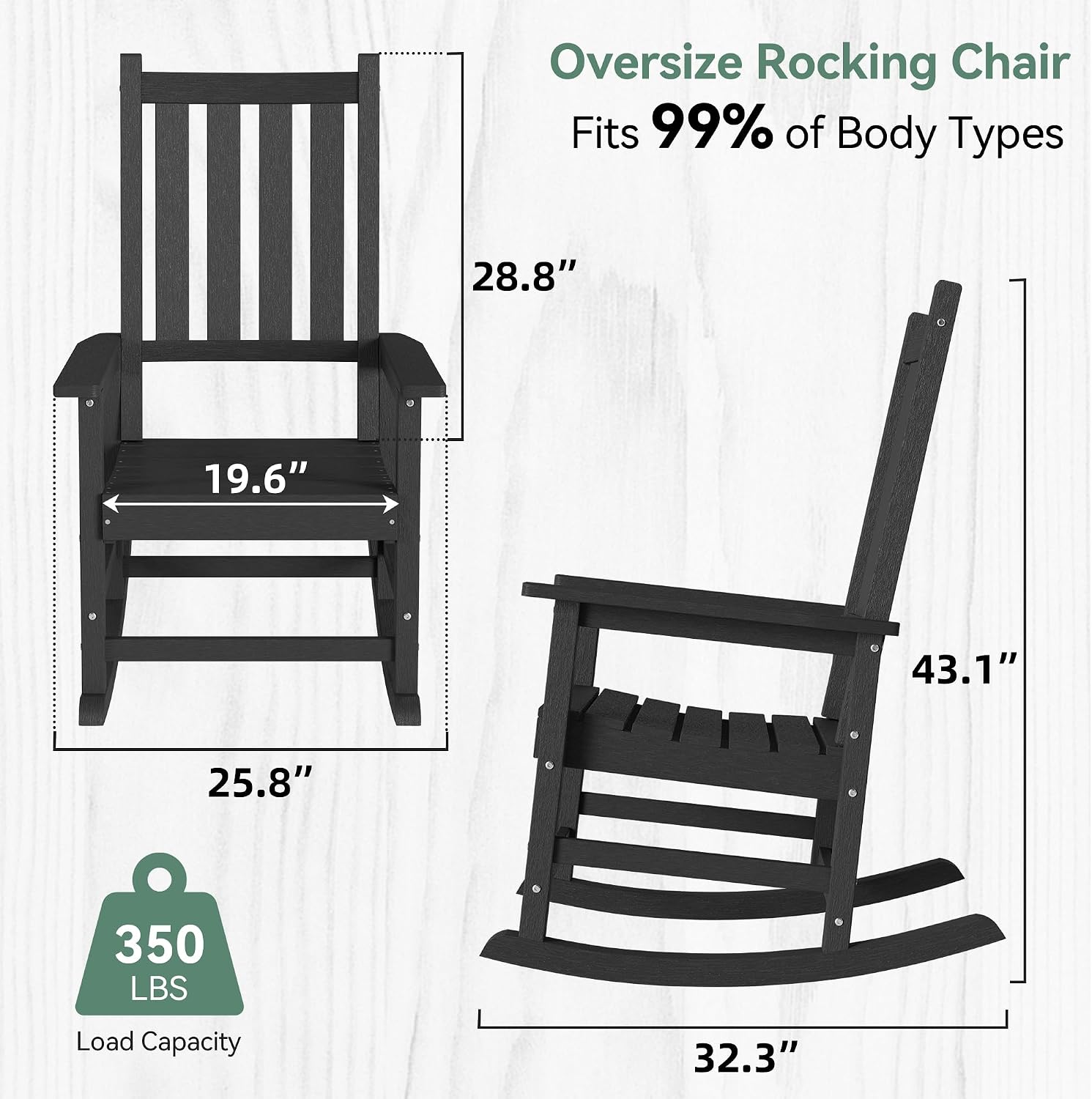 HDPE Outdoor Rocking Chair Set of 2, Oversized Rocking Chairs with Widened Seats & High Backs (2, Black)