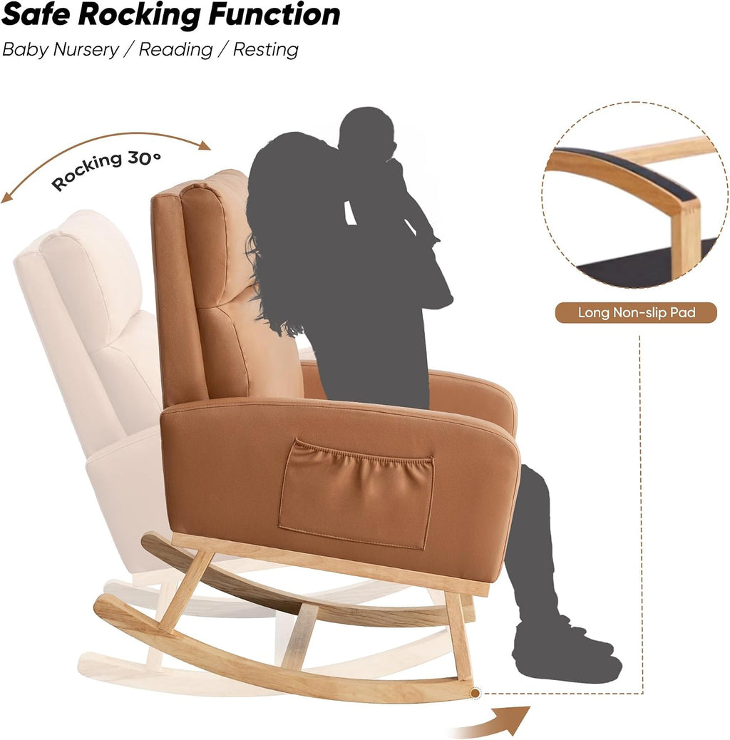 Rocking Chair Nursery, Uplostered Leather Rocker Nursing Chairs with Wood Legs and Side Pocket, Comfortable Glider Roking Chair for Nursery, Living Room, Bedroom,Teddy, Leather Brown
