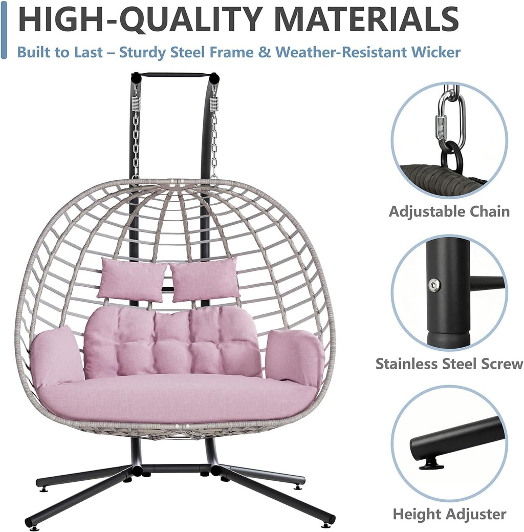 SWITTE Double Egg Swing Chair with Stand, Outdoor Patio 2 Person Hanging Wicker Hammock Chairs with Cushion for Indoor Bedroom, Lawn, Garden-Pink