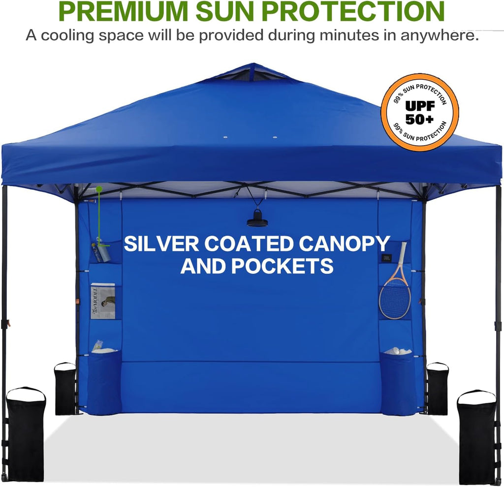 Tunbne 10'x10' Pop Up Canopy Tent with 1 Sidewall and 6 Pockets, One Push Setup, Instant Shade Tent with Vented Roof for Beach Patio Outdoor, Case, 8 Stakes, 4 Ropes, 4 Sandbags (Royal Navy, 10x10)