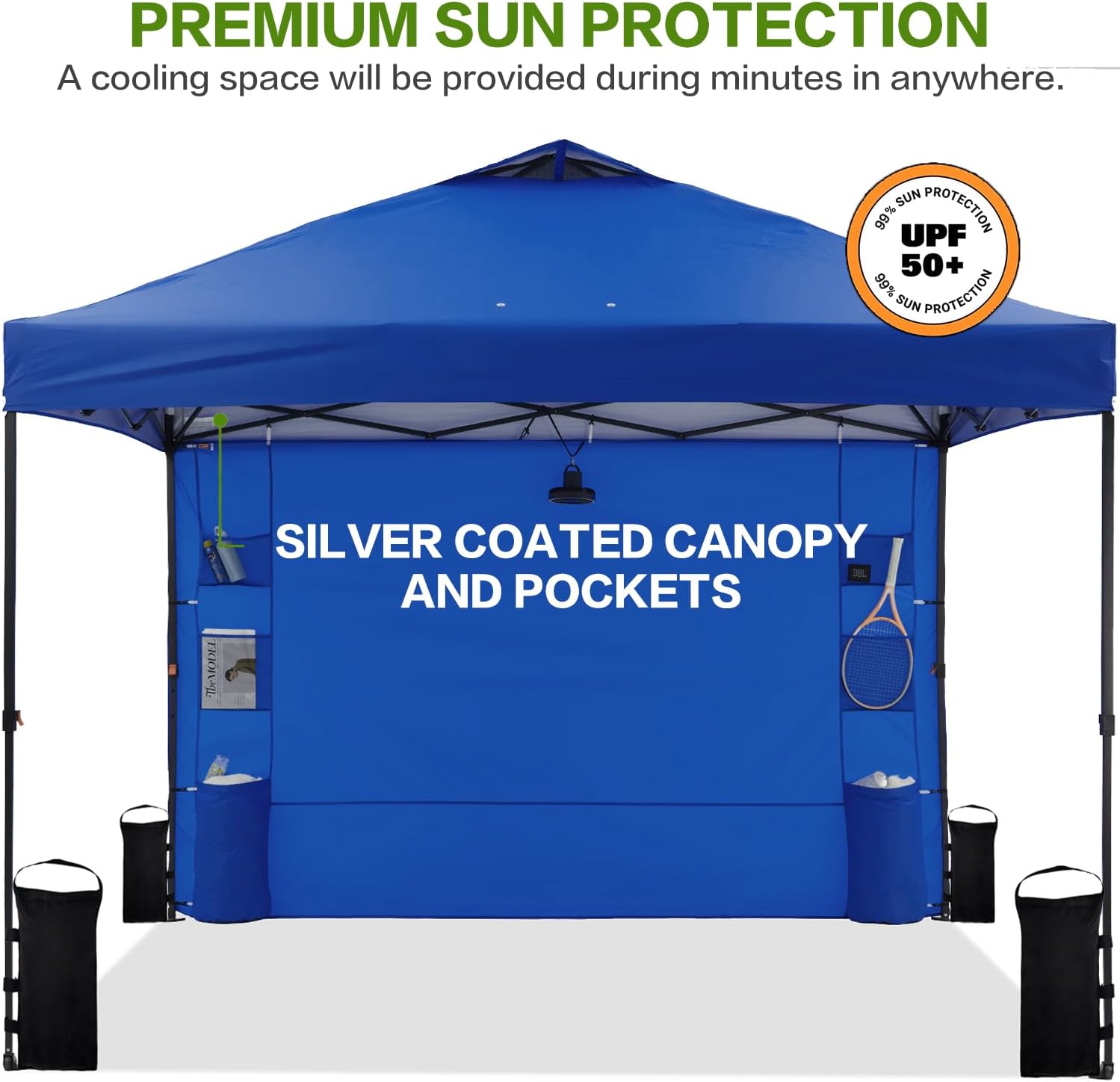 Tunbne 10'x10' Pop Up Canopy Tent with 1 Sidewall and 6 Pockets, One Push Setup, Instant Shade Tent with Vented Roof for Beach Patio Outdoor, Case, 8 Stakes, 4 Ropes, 4 Sandbags (Royal Navy, 10x10)