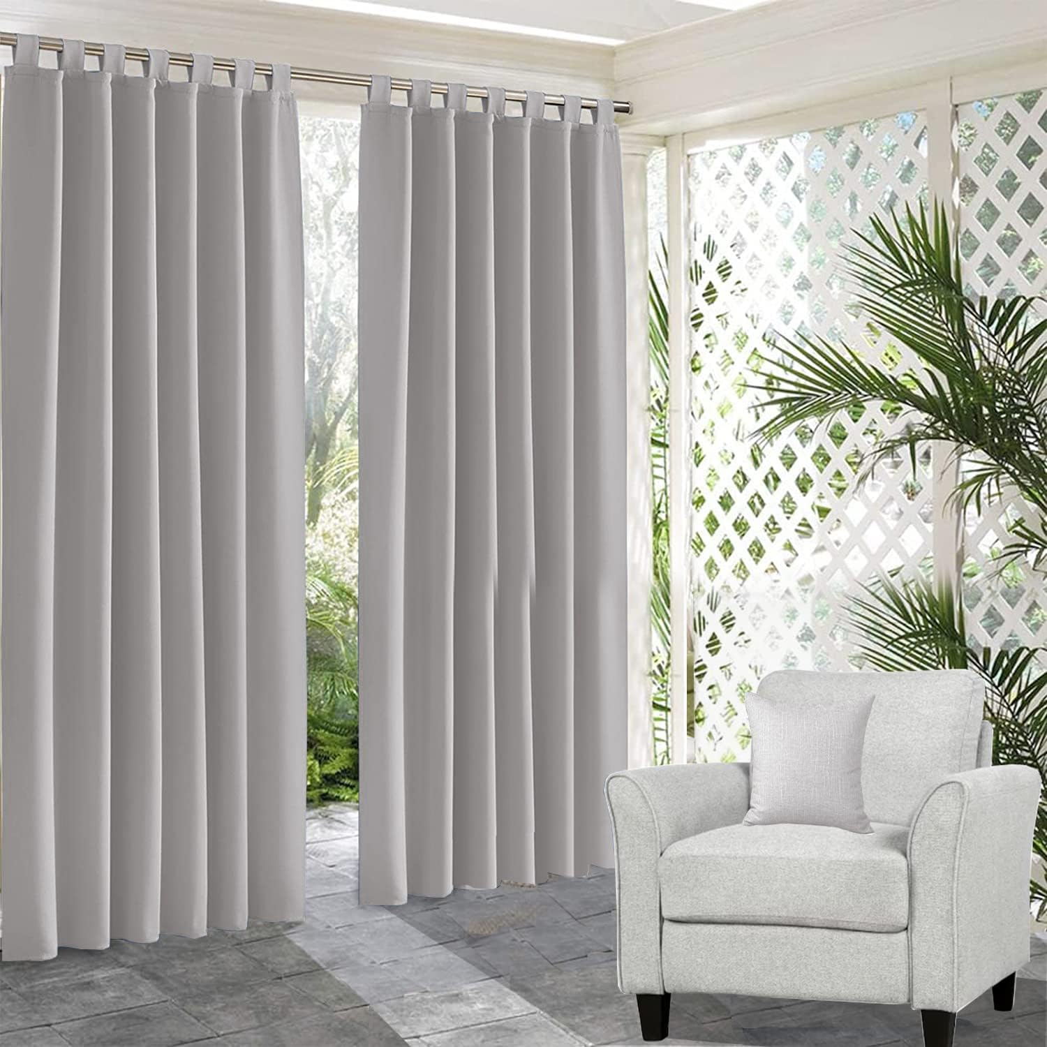 Indore/Outdoor Curtains for Patio Porch Pergola Cabana, Weatherproof Wide Tab Top Outdoor Curtains for Gazebo, Deck, Light Grey Solid 52 Wide by 72 Long Panel (Pack of 1)