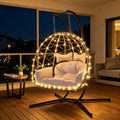 Double Egg Chair Outdoor, 2 Person Hanging Egg Chair with Stand, Patio Wicker Egg Swing Chair for Garden, Backyard, Balcony, 600Lbs Heavy Duty (Gray with Light)