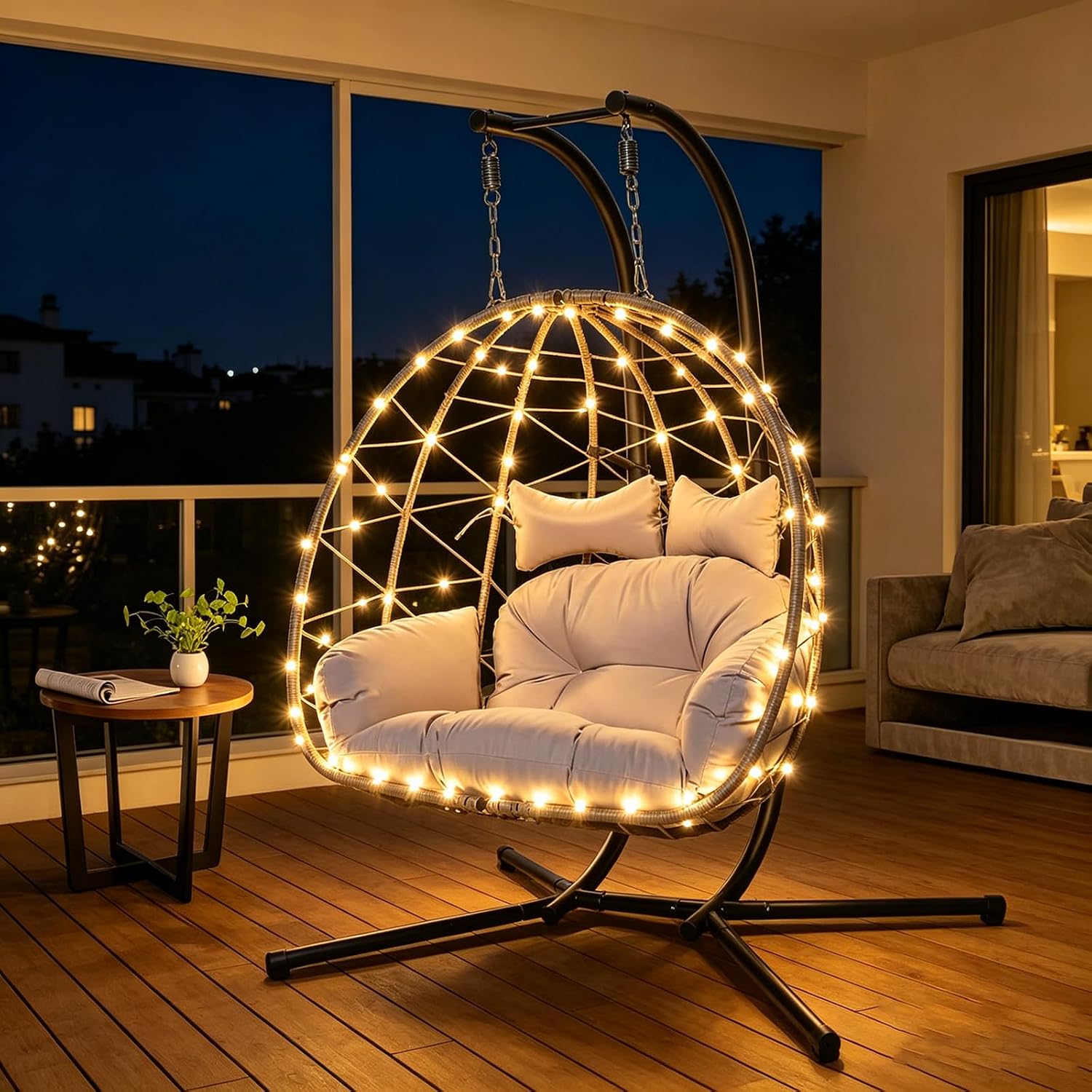 Double Egg Chair Outdoor, 2 Person Hanging Egg Chair with Stand, Patio Wicker Egg Swing Chair for Garden, Backyard, Balcony, 600Lbs Heavy Duty (Gray with Light)