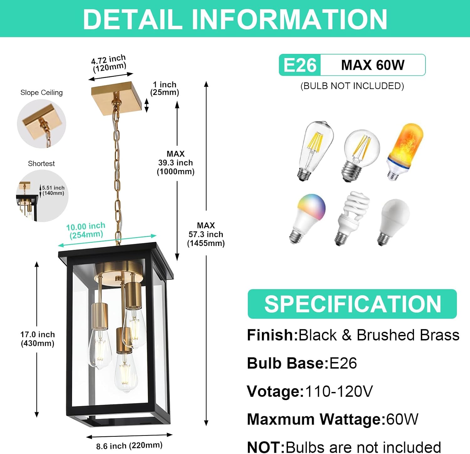Yaohong Outdoor Pendant Lights for Porch, Modern 3-Lights Exterior Hanging Lights, Exterior Hanging Lantern with Clear Glass and Height Adjustable, Large Outdoor Ceiling Lights for Patio Front Foyer