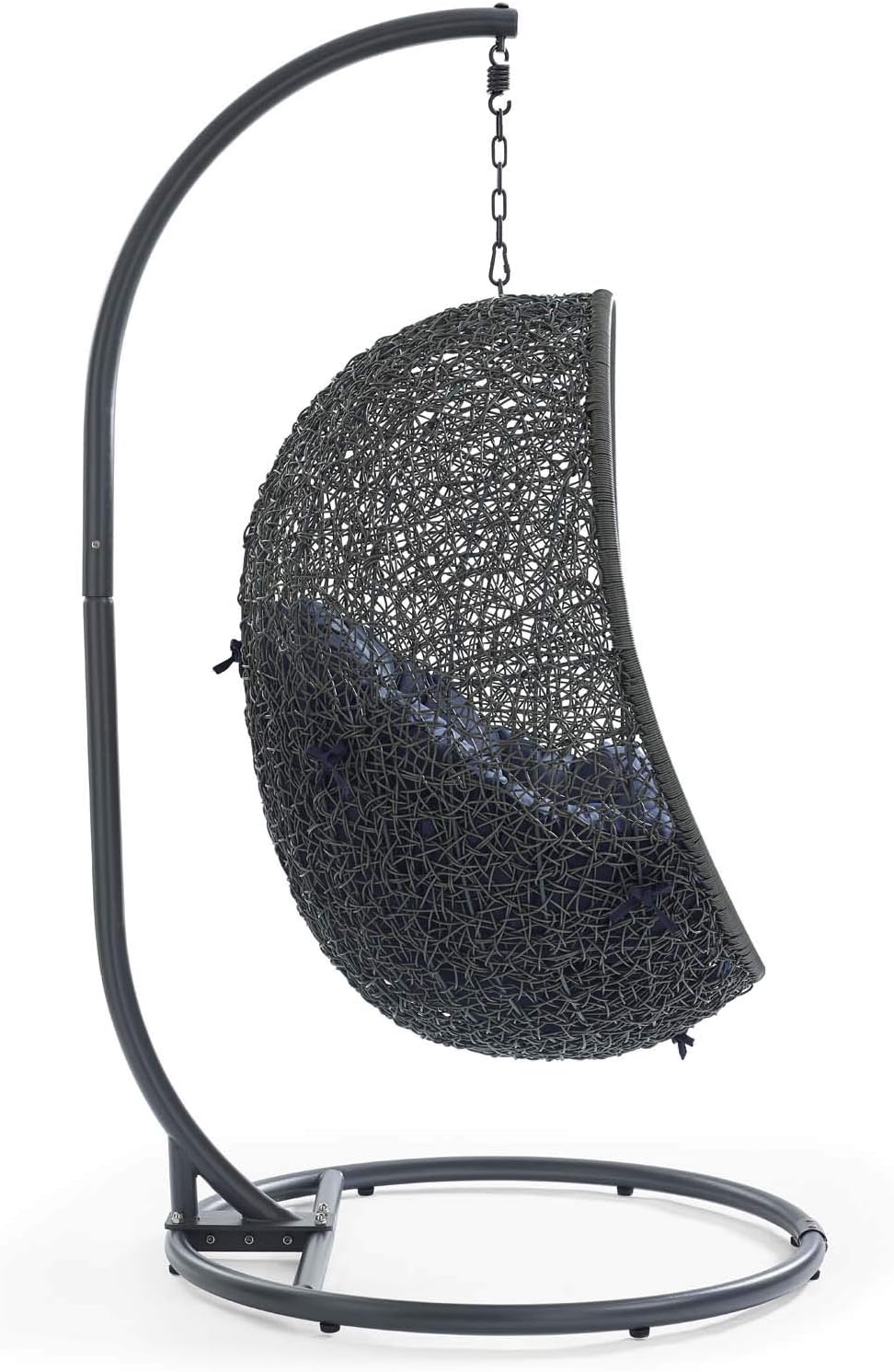 Modway Hide Wicker Rattan Outdoor Patio Porch Lounge Egg Swing Chair Set with Stand in Gray Navy