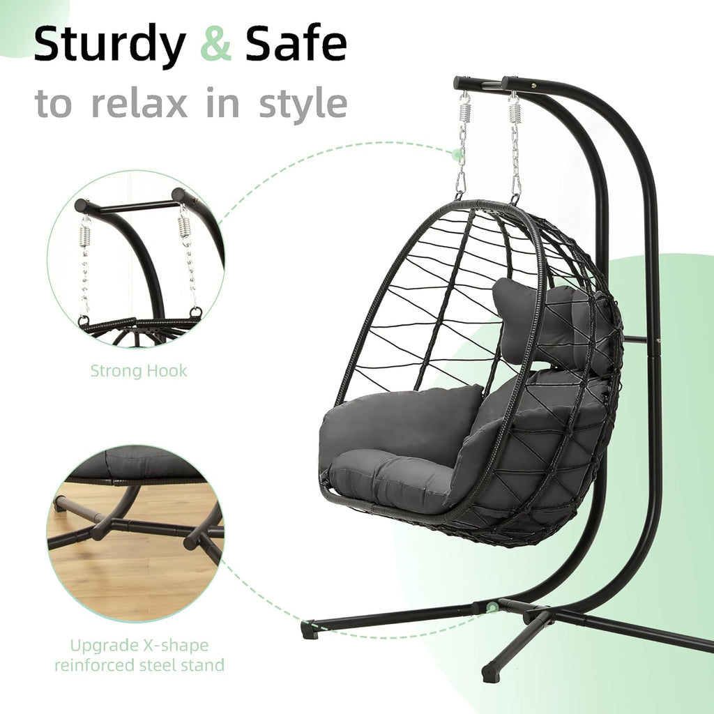 Double Egg Chair with Stand Hammock Swing Chair Foldable Hanging Loveseat, UV Resistant Removable Cushions, 700LBS Capacity for Bedroom, Balcony, Garden(BK-GR)