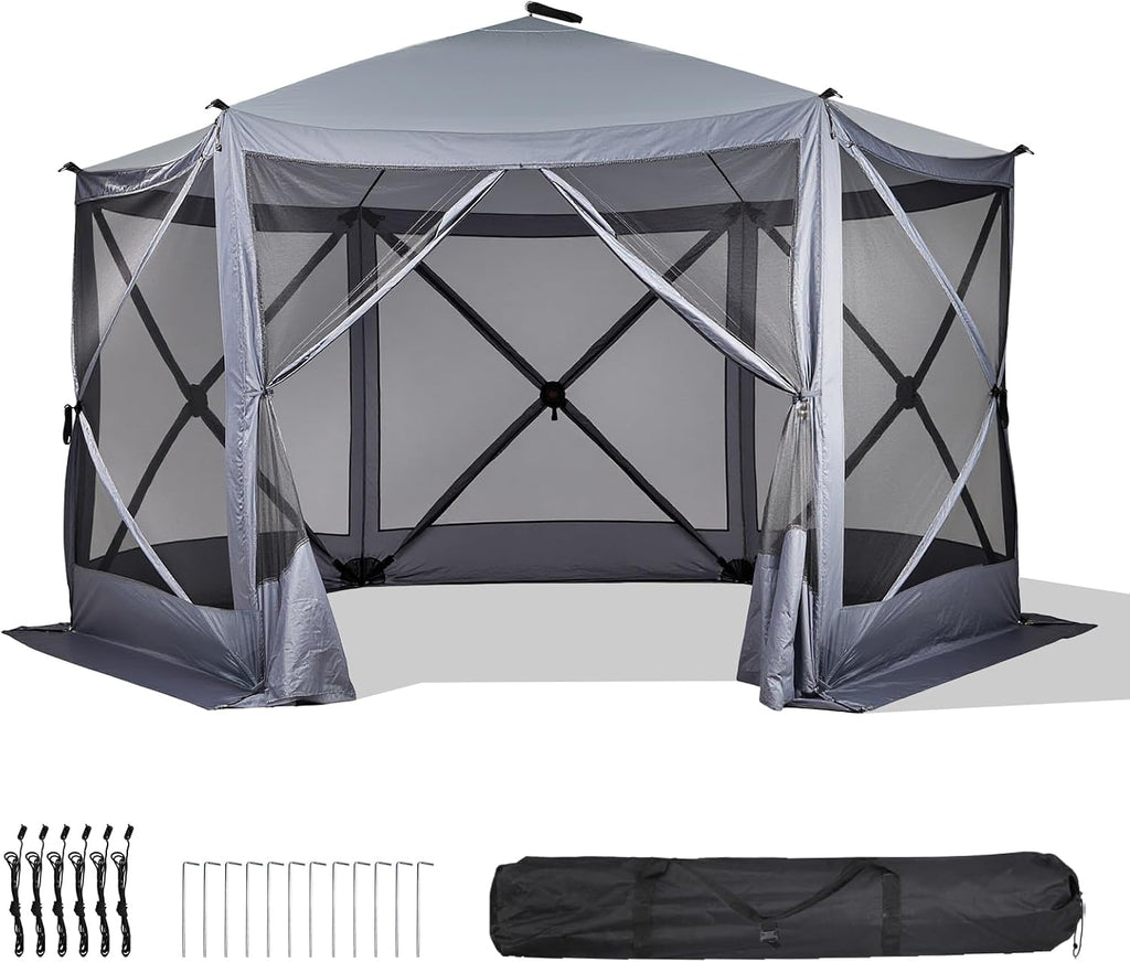 VINGLI 12x12 Pop Up Gazebo Tent, Portable Easy Up Screen Tent for Camping with Mosquito Netting, Camping Canopy Shelter with Carry Bag, Ground Stakes