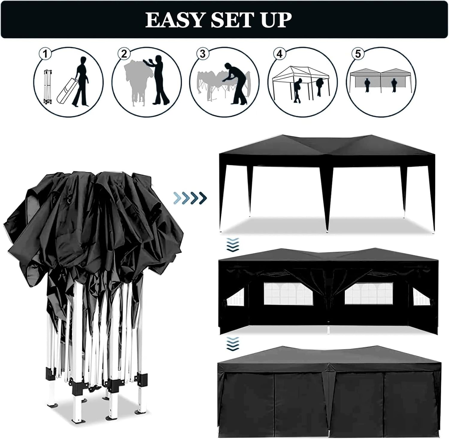 10x20 Black Pop Up Canopy Outdoor Party Tent with 6 Sidewalls, Wedding Party Tent Outdoor Waterproof UV50 Canopy Event Shelter Tents for Parties, 6 pcs Weight Bag,Carry Bag
