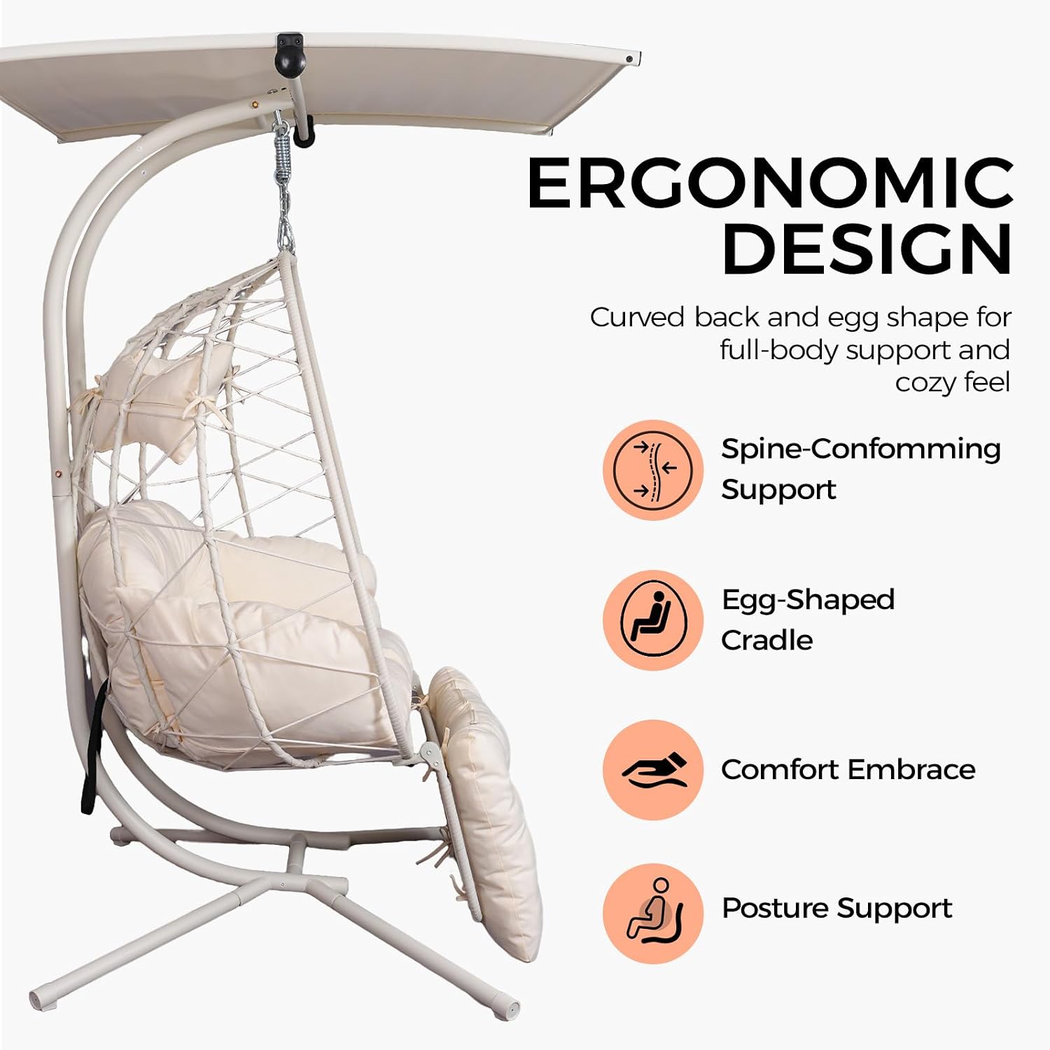 Double Egg Chair Outdoor with Stand & Canopy, 2 Person Hanging Egg Chair with Footrest, Oversized Rattan Wicker Egg Swing Chair for Bedroom Garden, 660Lbs (White with Light)